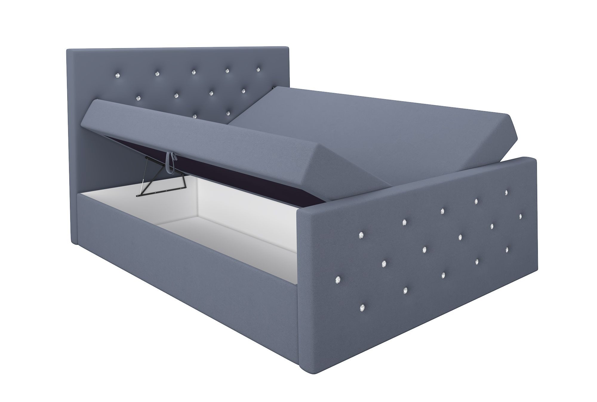 A&J MöbelLand GmbH Boxspringbett REINN mit Kristallknöpfen verziert. (Boxspringbett mit Bettkasten und gepolstertem Kopfteil.Inclusive Topper !, TOP ANGEBOT), Länge 216 cm Höhe 106 cm