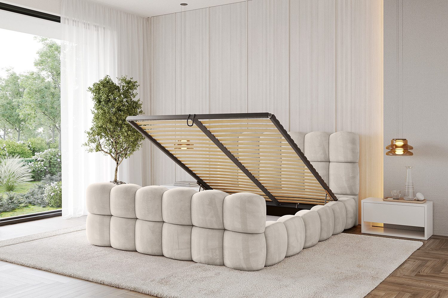 ALTDECOR Polsterbett LEYA-Z (Polsterbett mit Bettkasten und Lattenrost, Boxbett ohne Matratze), Doppelbett mit Stauraum, Bett mit Kopfteil