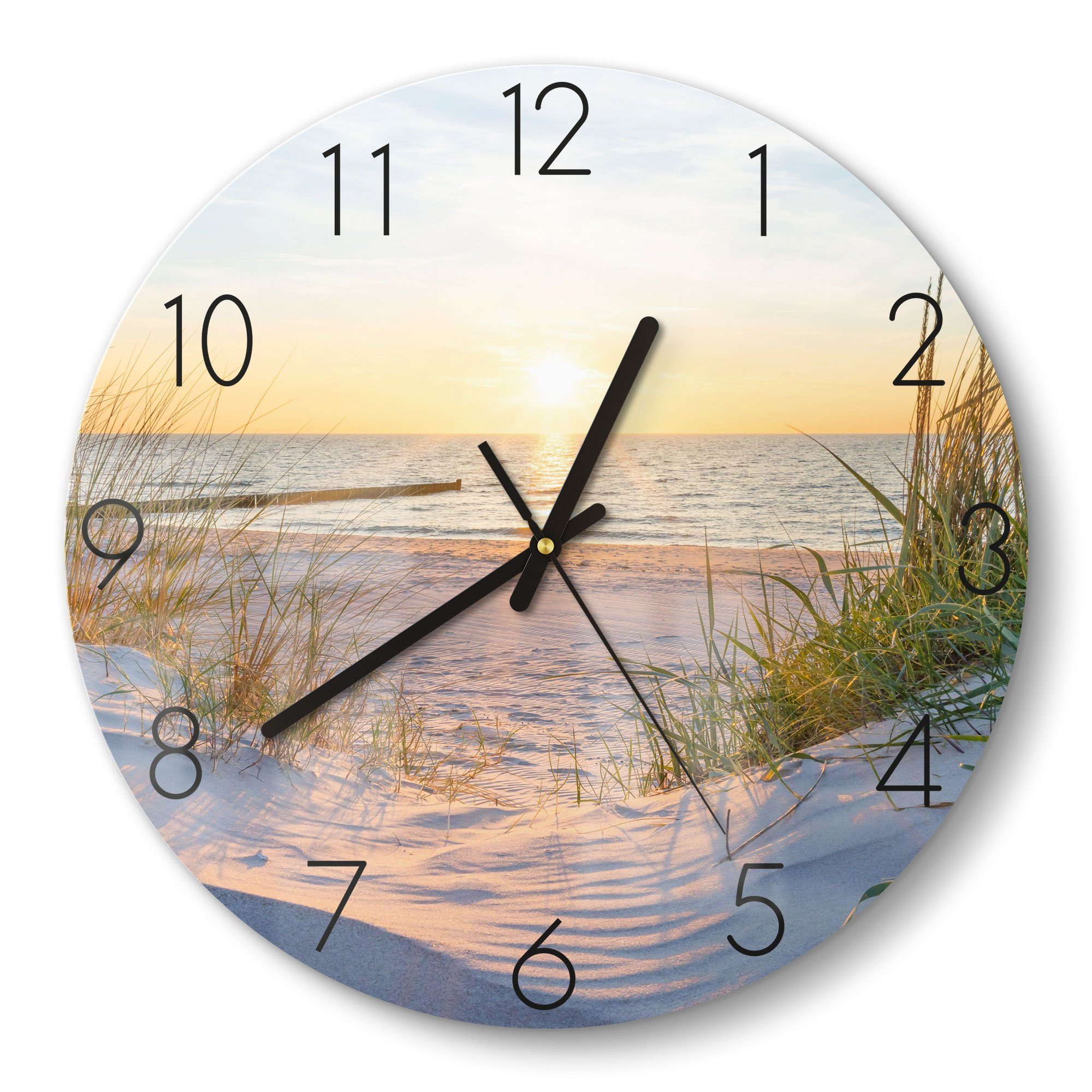 DEQORI Wanduhr 'Abendsonne an der Ostsee' (Glas Glasuhr modern Wand Uhr Design Küchenuhr)