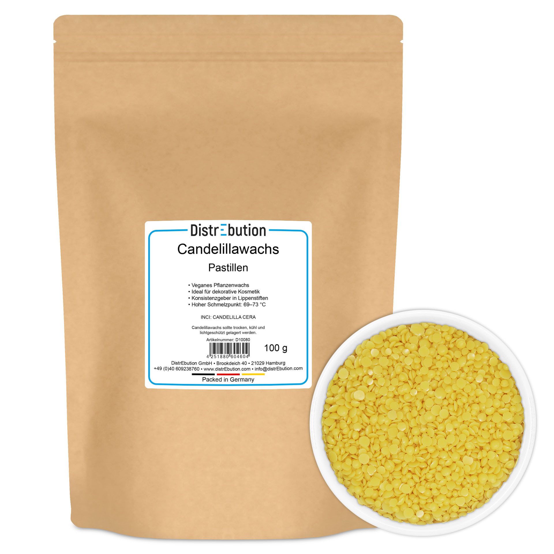DistrEbution Kosmetik-Set Candelillawachs – Hartes Pflanzenwachs für Kosmetik, vegane Alternative zu Bienenwachs