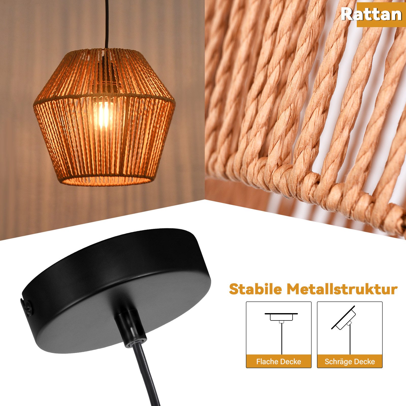 ZMH Pendelleuchte Esszimmer 150 cm Vintage Rattan Hängelampe E27 für Wohnzimmer Flur, ohne Leuchtmittel – Bild 3 von 5