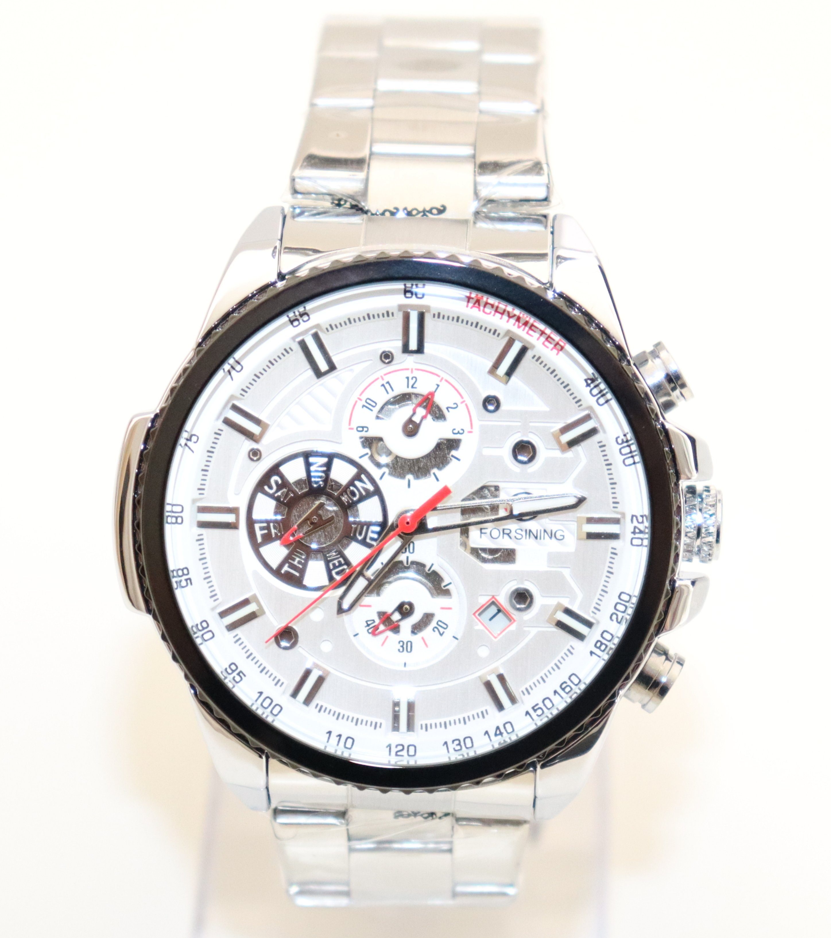 Automatikuhr Automatikuhr silberfarbenes Ziffernblatt+Armband Datum Wochentag Monat