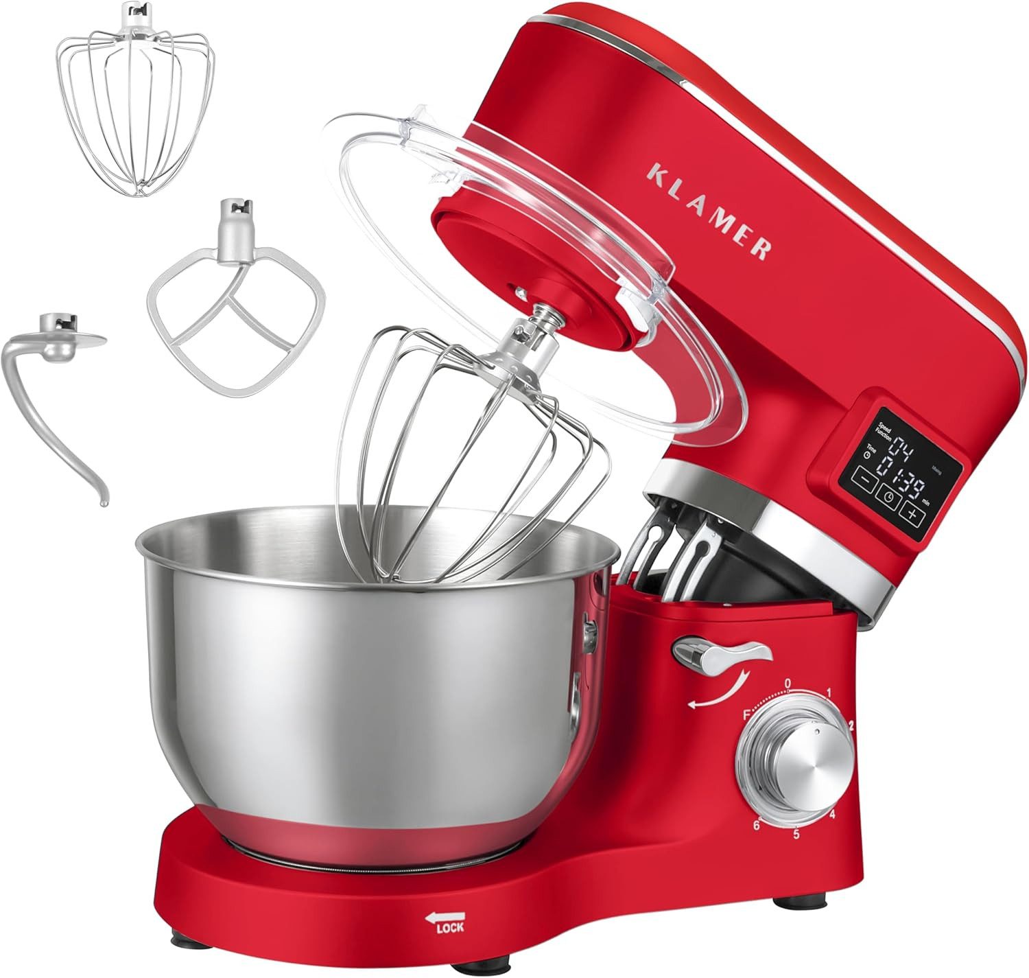 KLAMER Küchenmaschine 1400W, Knetmaschine mit 5,5 Liter Edelstahl Schüssel, 6 Geschwindigkeitsstufen mit Timer, Rührbesen, Knethaken, Schneebesen und Spritzschutz, rot, 1400 W, 5,5 l Schüssel, Spritzschutz, 3 Aufsätze, Saugfüße, digitales Display, Timer