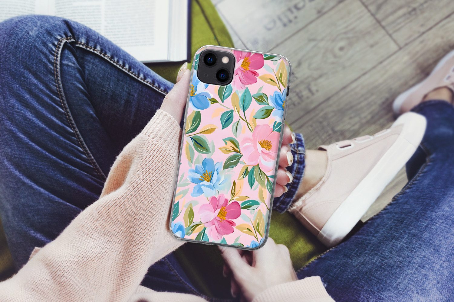 MuchoWow Handyhülle für Apple iPhone 13 mini Blau - Rosa - Blumen, Smartphone-Bumper, Print, Handy Schutzhülle Dünn