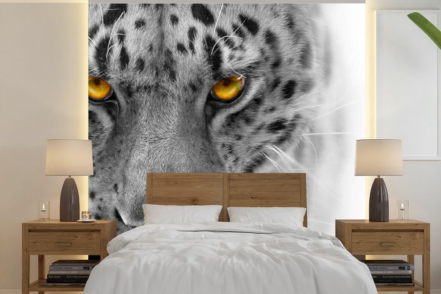 MuchoWow Fototapete Leopard - Augen - Schwarz - Weiß, Matt, bedruckt, (5 St), Vinyl Tapete für Wohnzimmer oder Schlafzimmer, Wandtapete