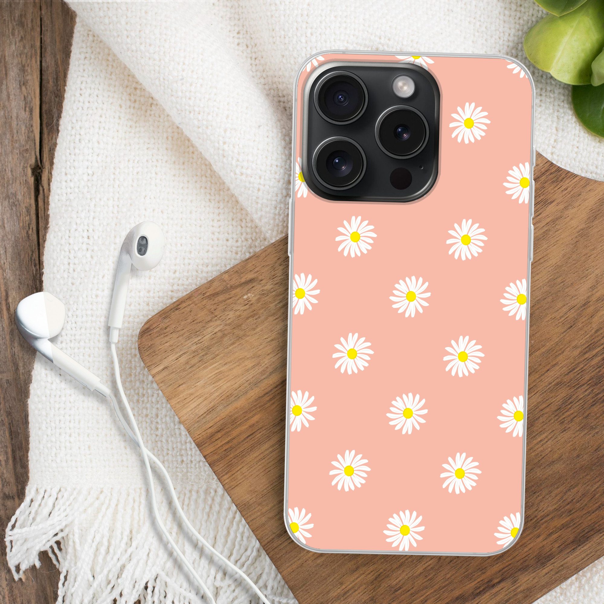 MuchoWow Handyhülle für Apple iPhone 15 Pro Gänseblümchen - Pastell - Weiß - Rosa - Blumen, Smartphone-Bumper, Print, Handy Schutzhülle Dünn
