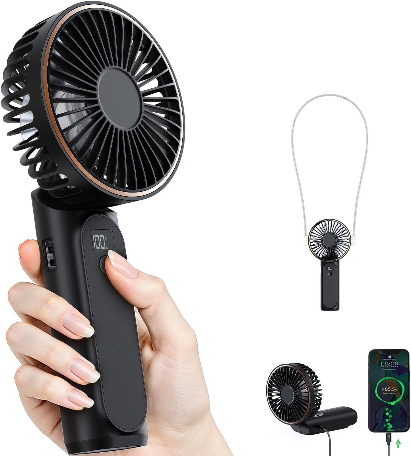 FELIXLEO Handventilator Tragbarer Mini Ventilator 4000mAh LED Display 180 Grad 6 Gaenge