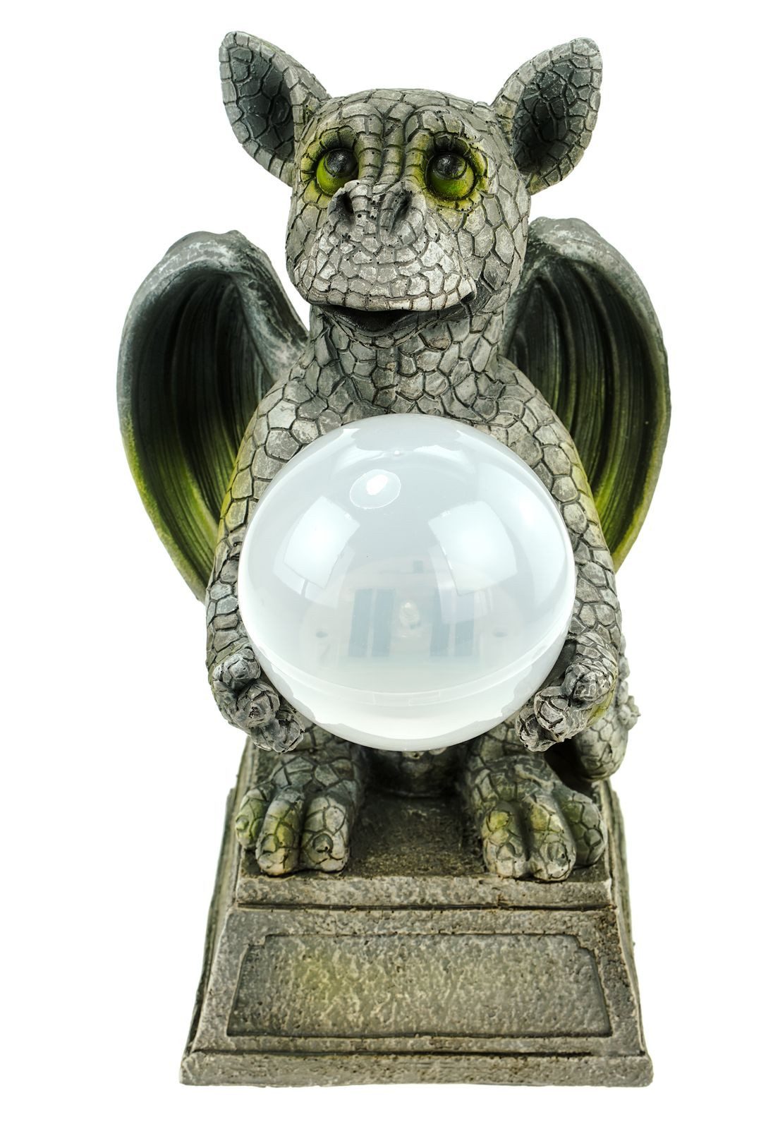 Kremers Schatzkiste Gartenfigur Drache mit LED Solarkugel 30cm Gartenfigur DrachenkindDrachenkind