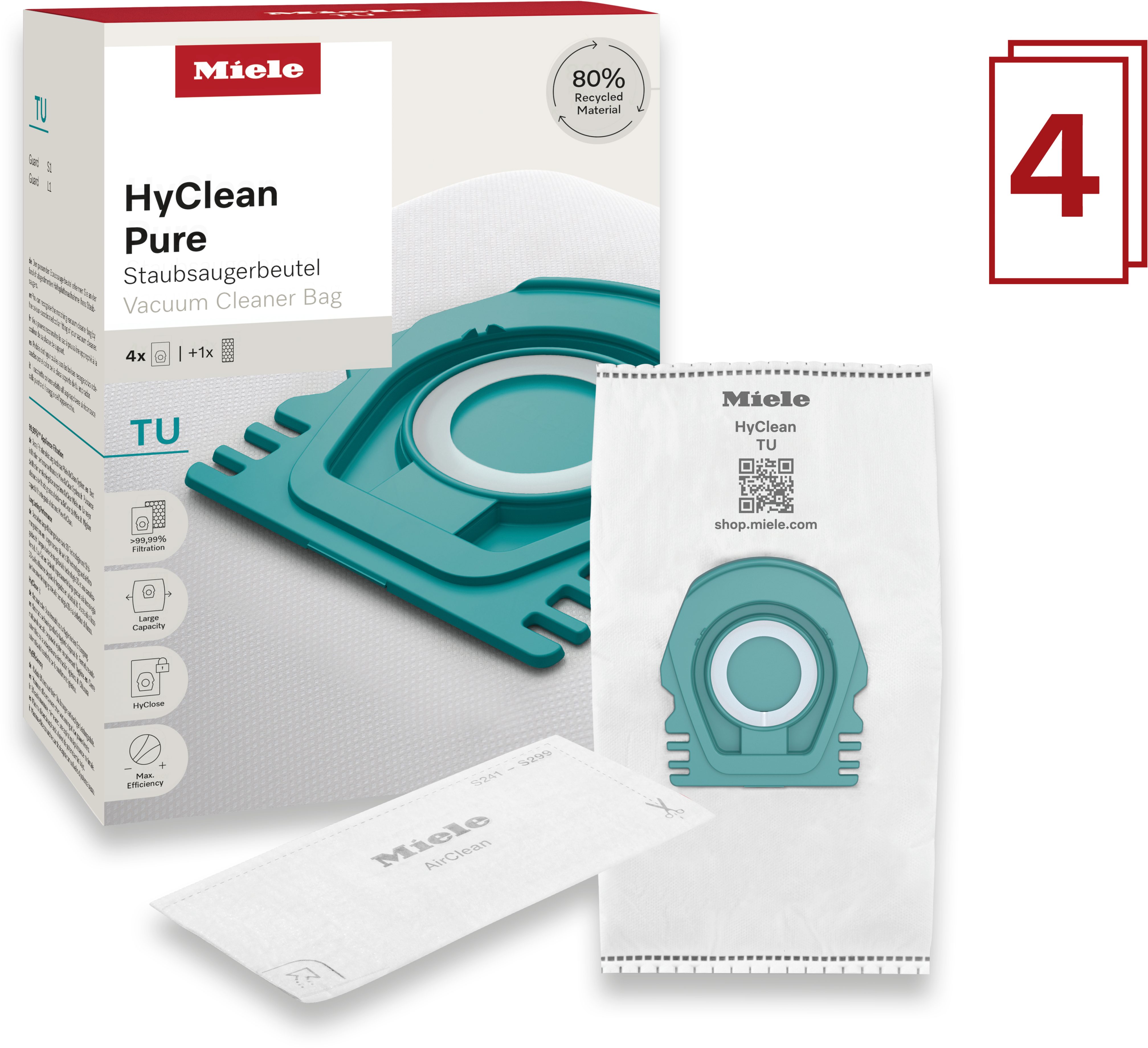 Miele Staubsaugerbeutel HyClean Pure TU, passend für Miele, 5 St., Miele Original Zubehör, mit bester Filtrationsleistun