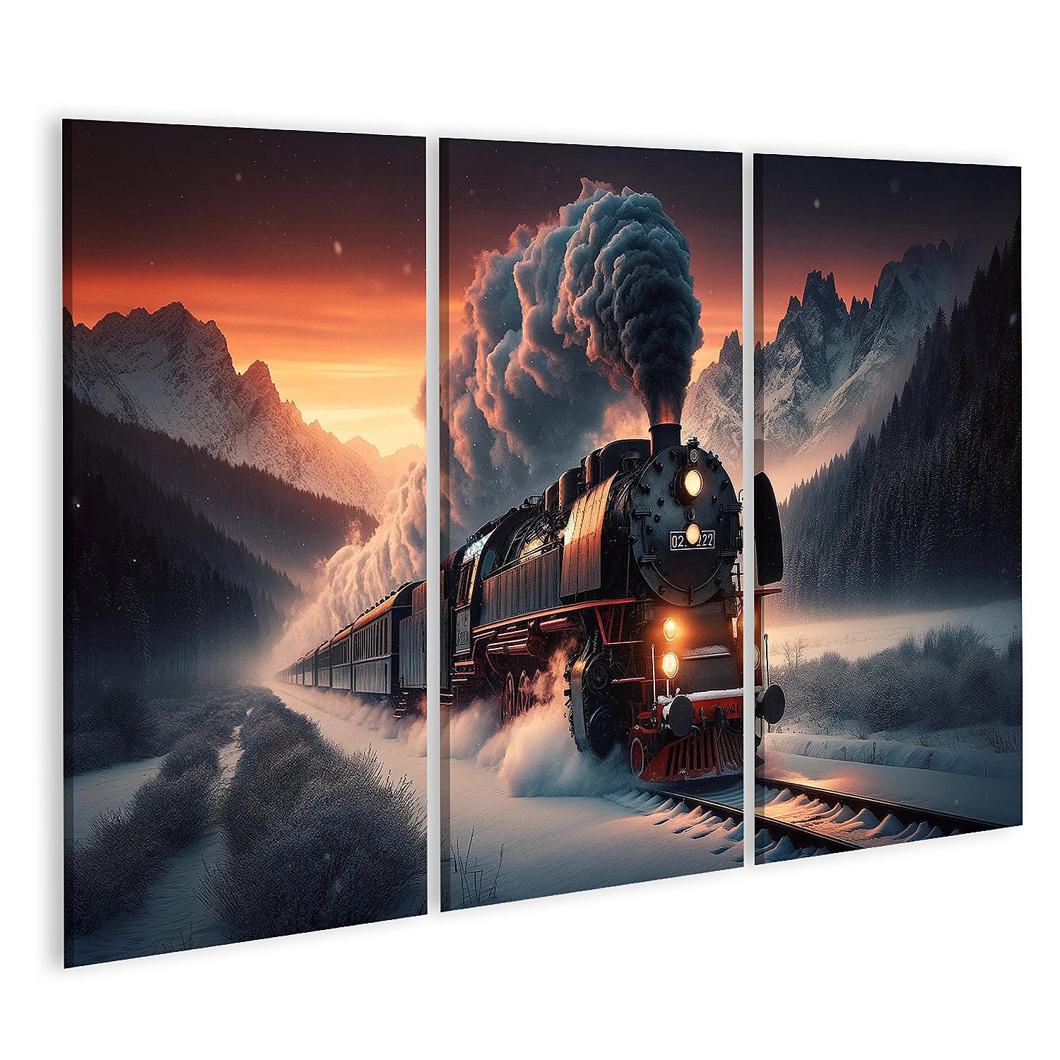 Leinwandbild Alte Dampflok im Schnee für Eisenbahn Fans