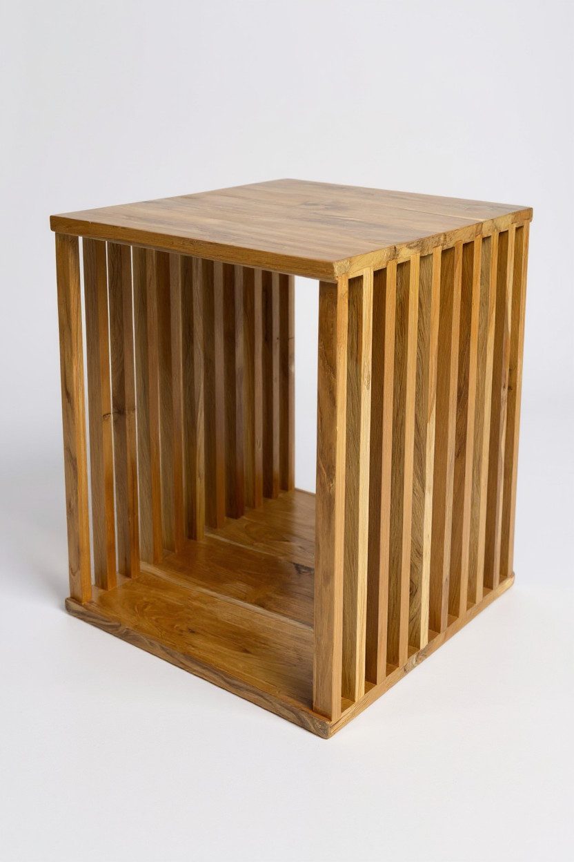 FaHome Beistelltisch Handgefertigt Teakholz - Massivholz - (Holzleisten an den Seiten - Würfel), Natur in Modernem Design - Blumenhocker –
