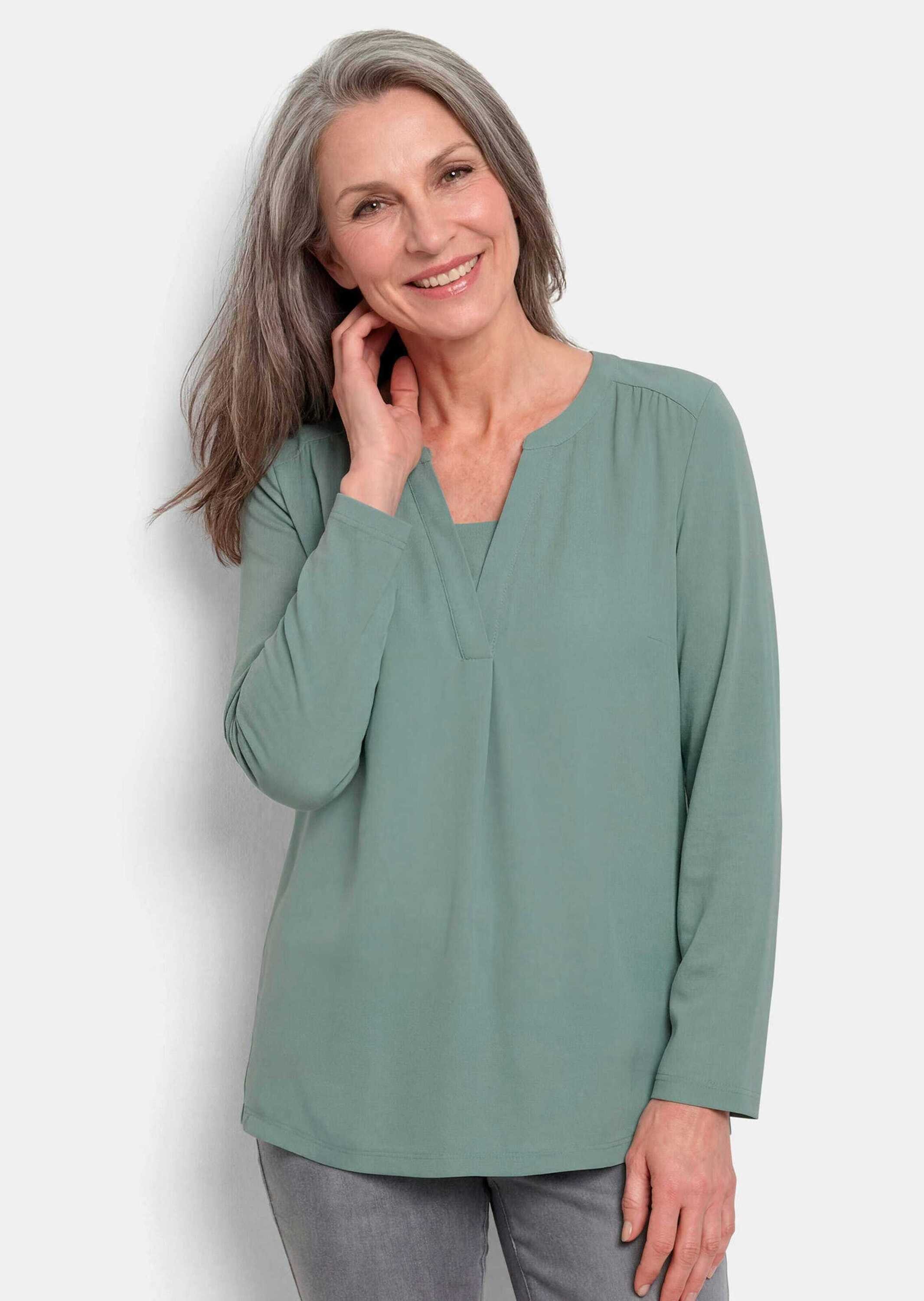 GOLDNER Shirtbluse Elegantes Chiffonshirt mit Jersey-Details Langarmshirt mit Rundhals und V-Schlitz und langen Ärmeln