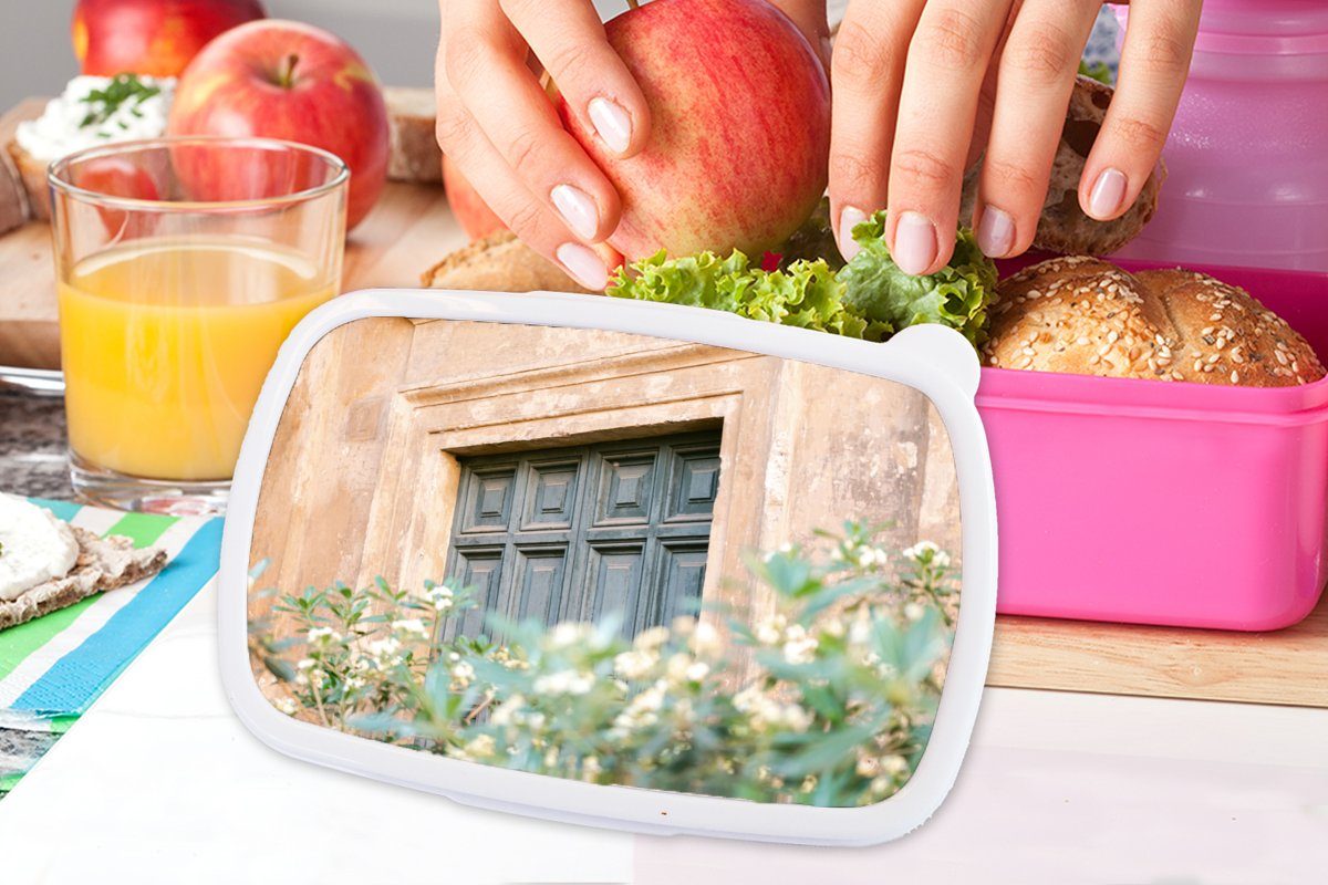 MuchoWow Lunchbox Mädchen, Tür Kinder, Blumen Snackbox, Brotbox rosa - Kunststoff, Architektur (2-tlg), - Grün Brotdose für Kunststoff - Vintage, - Erwachsene