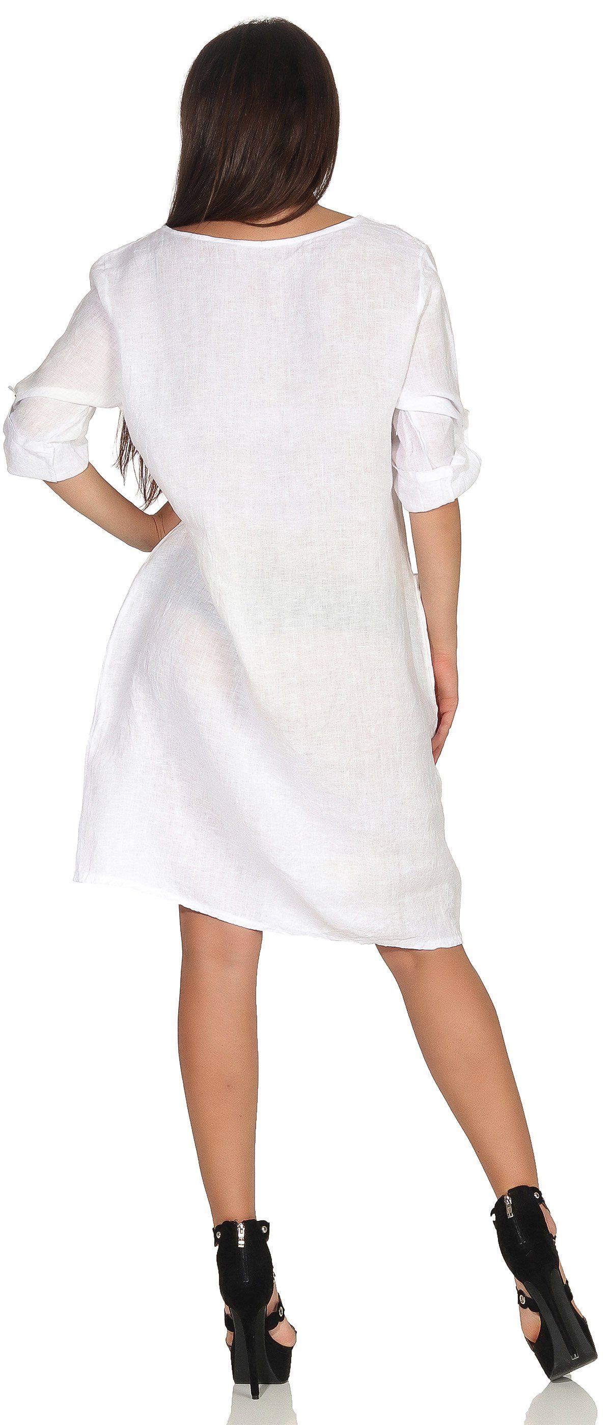 Mississhop Sommerkleid Leinenkleid Damenkleid 100% Leinen Weiß M.306