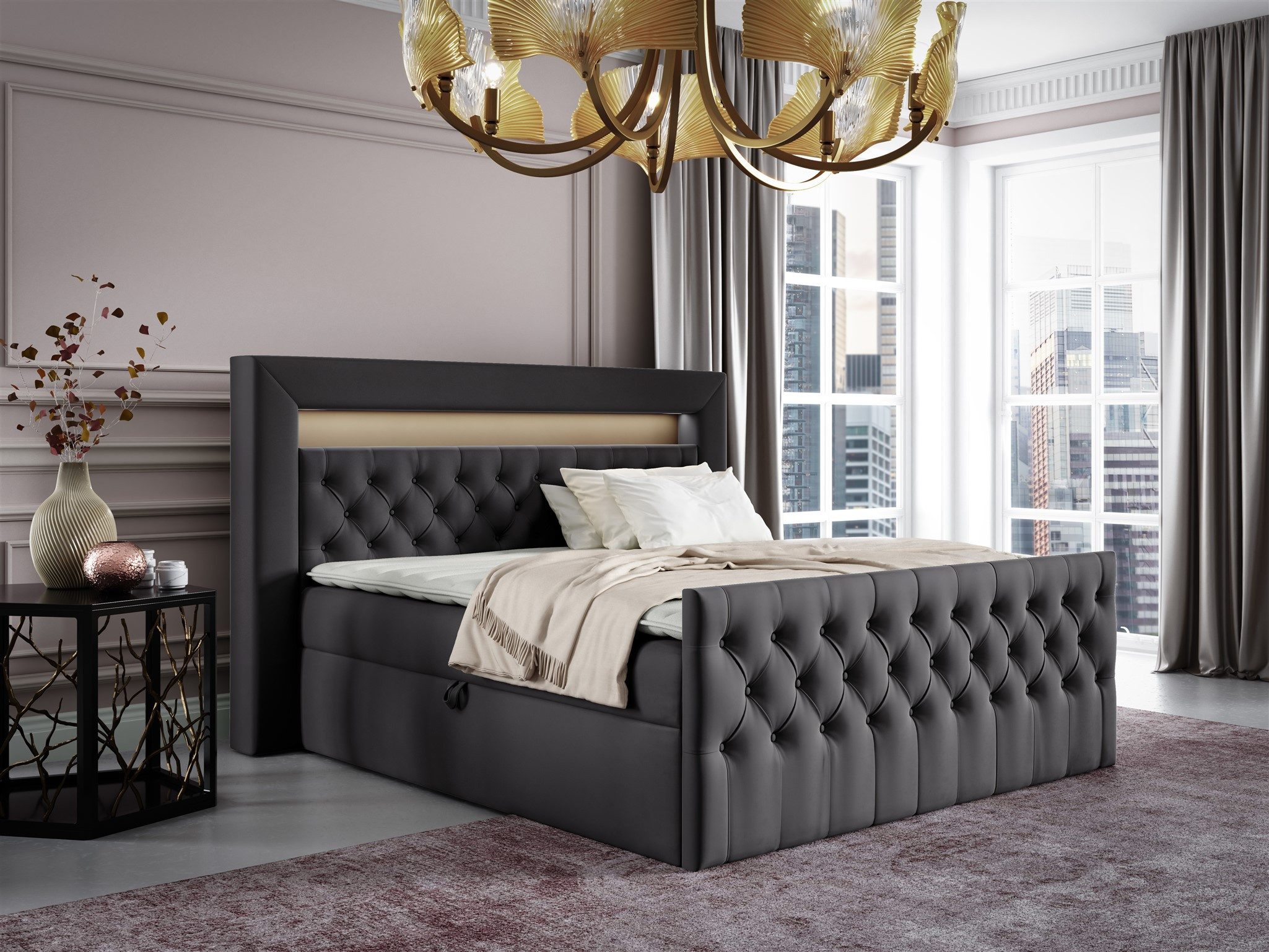 Fun Möbel Boxbett Schlafzimmerbett ERNESTO Nr.1 in Stoff Elisa Velvet (inkl. Topper, Auch mit Polsterhocker und Nachtischen erhältlich), inkl. RGB LED-Beleuchtung mit Fernbedienung