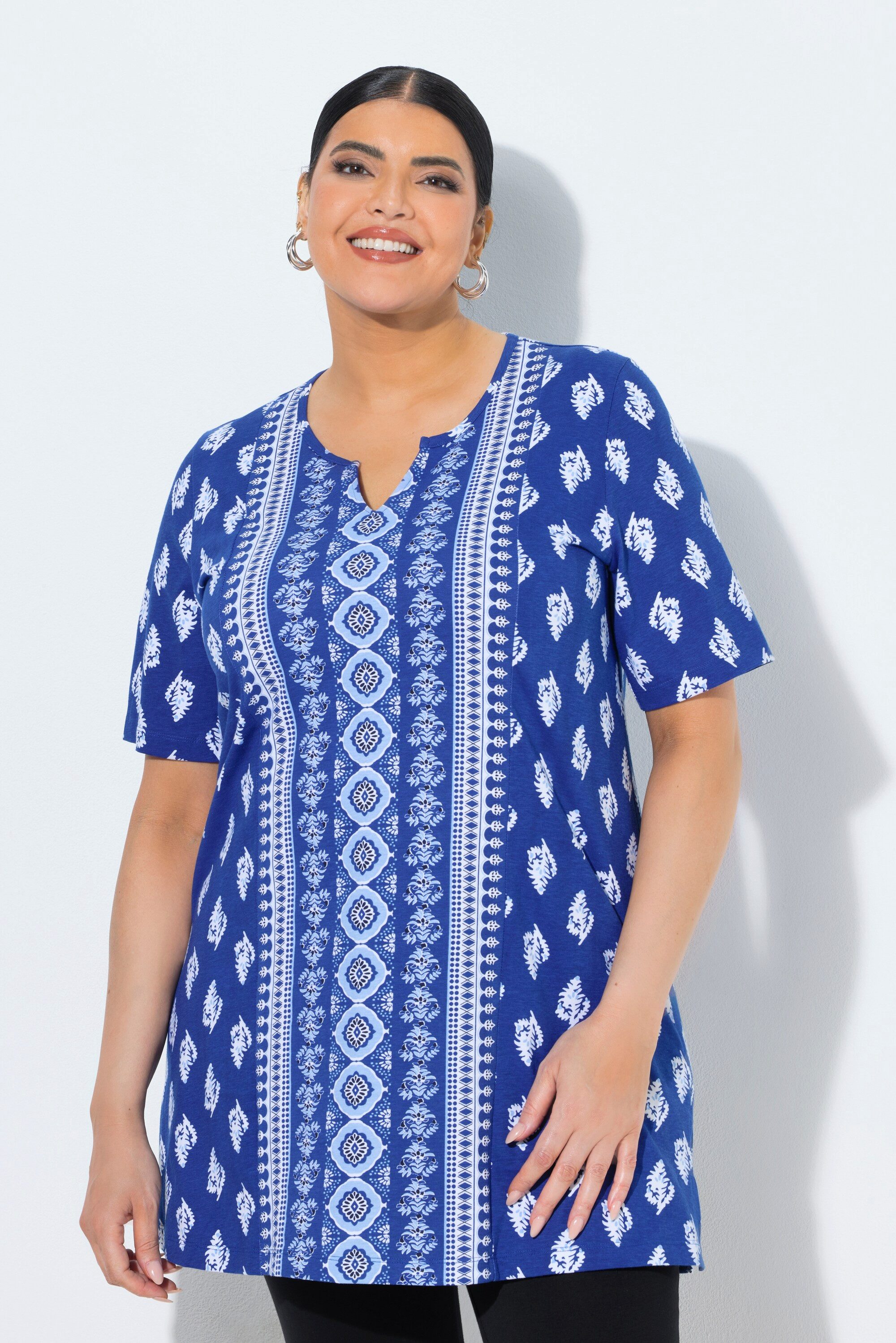 Ulla Popken Longshirt Longshirt gemustert Tunika-Ausschnitt Halbarm