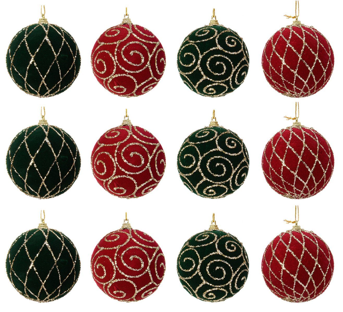 Decoris season decorations Christbaumschmuck, Weihnachtskugeln Kunststoff 8cm Ornamente 12er Set - Dunkelgrün / Rot