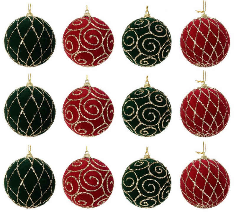 Decoris season decorations Weihnachtsbaumkugel, Weihnachtskugeln Kunststoff 8cm Ornamente 12er Set - Dunkelgrün / Rot