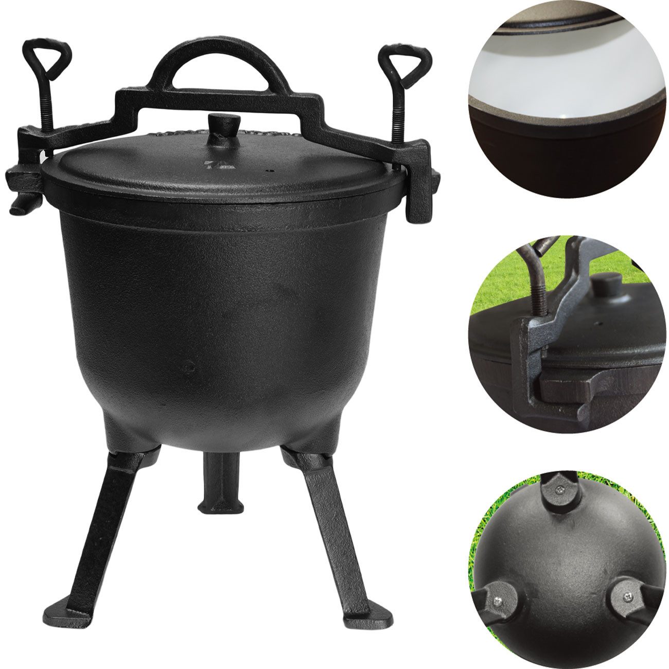 King Hoff Suppentopf Gusseisen-Campingtopf 7L: Outdoor-Lagerfeuertopf schwarz mit Deckel, Ideal für Camping, Ferienfreizeiten und Outdoor-Abenteuer geeignet.
