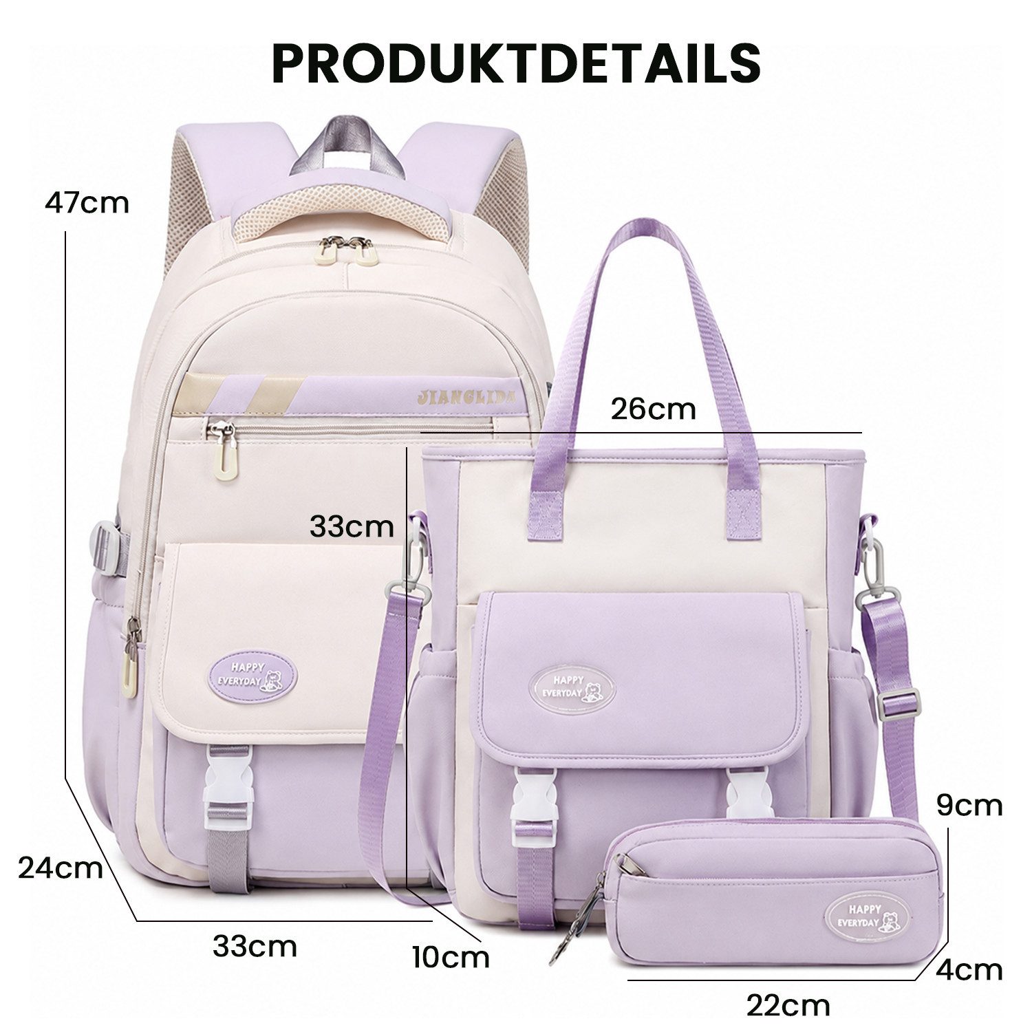 MOPUEA Schulrucksack 3-teiliges Schulrucksack-Set Turnbeutel Mit 6 magnetischen Lesezeichen (Multi-Tasche Schulranzen Rucksack Daypacks Schultaschen-Set Teenage – Bild 2 von 5