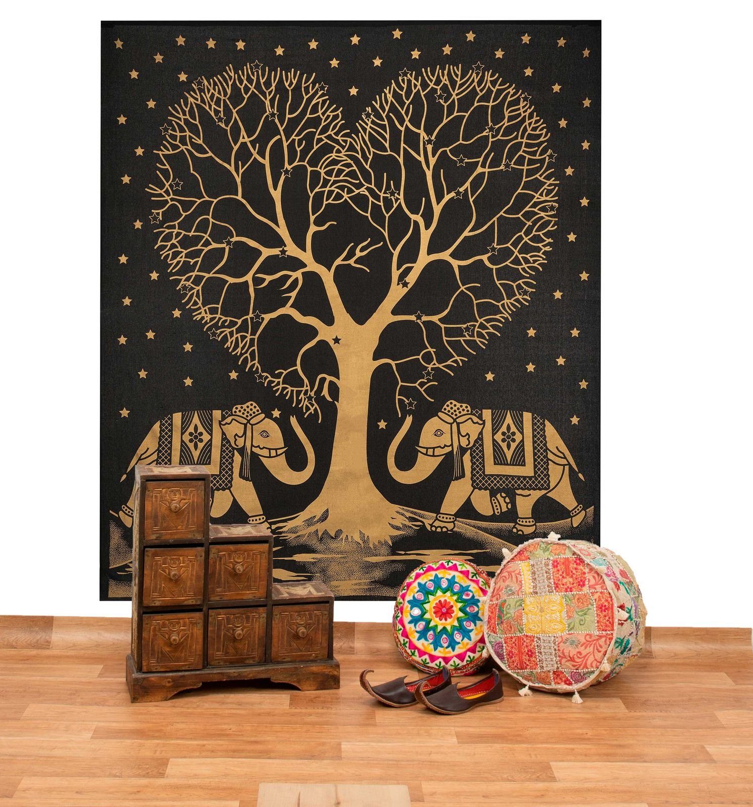KUNST UND MAGIE Wandteppich Tagesdecke Wandbehang Goldener Liebes Baum Elefant ca.200x230cm