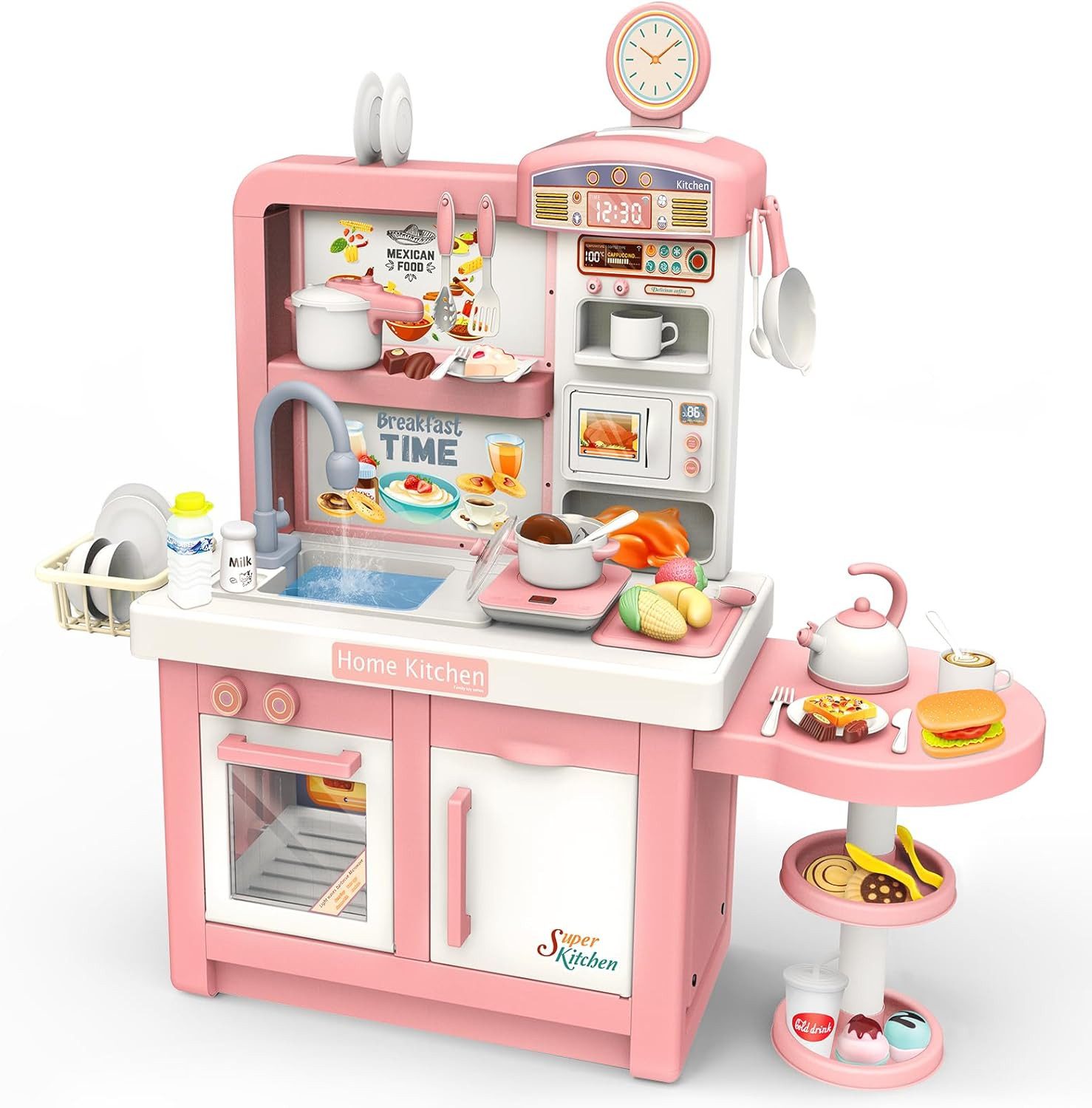 Esun Spielküche Spielküche & Tee Set Kinder, Kinderküche mit Mikrowelle, Kochfeld, mit Sound- und Licht, Küche mit Wasser Funktion