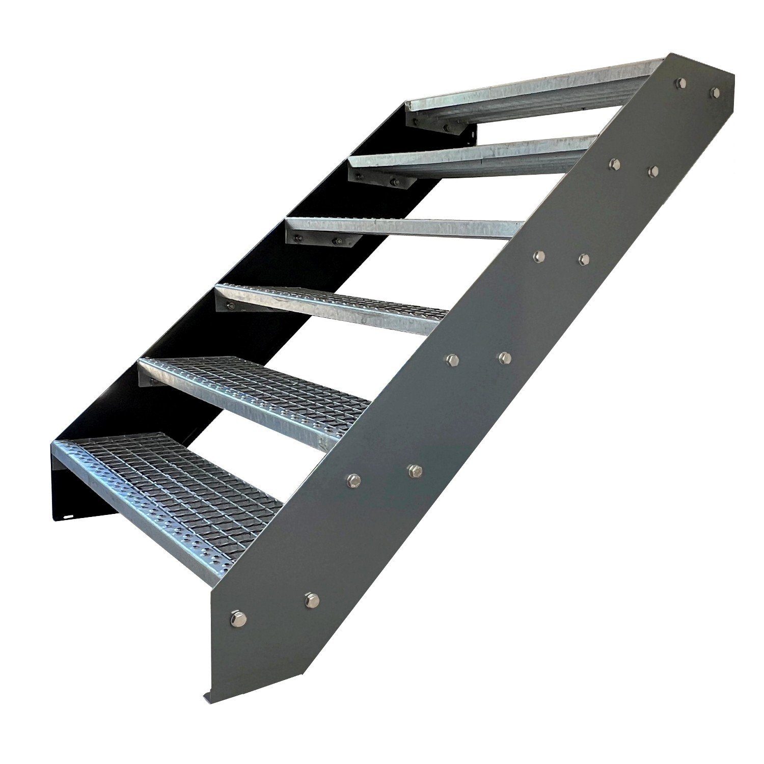 Kaminbau Mierzwa Außentreppe Premium Treppe Anthrazit Höhe Verstellbar, für Geschosshöhen bis 114 cm, Stufen Gitterroststufen nach DIN 24531, (Höhe 114 cm, Breite wählbar aus 60, 80, 100, 120, 140 cm), Gartentreppe Stahltreppe Wetterfest Rostfrei Feuer-Verzinkt Rutschfest