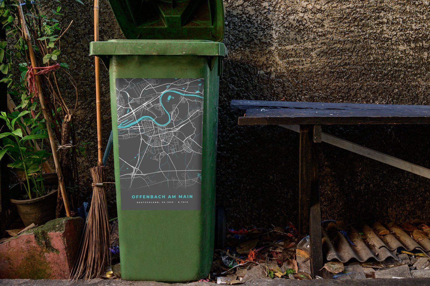 MuchoWow Wandsticker Deutschland - Container, (1 - Mülltonne, am Stadtplan Karte St), - Abfalbehälter Blau Sticker, - Offenbach Main Mülleimer-aufkleber