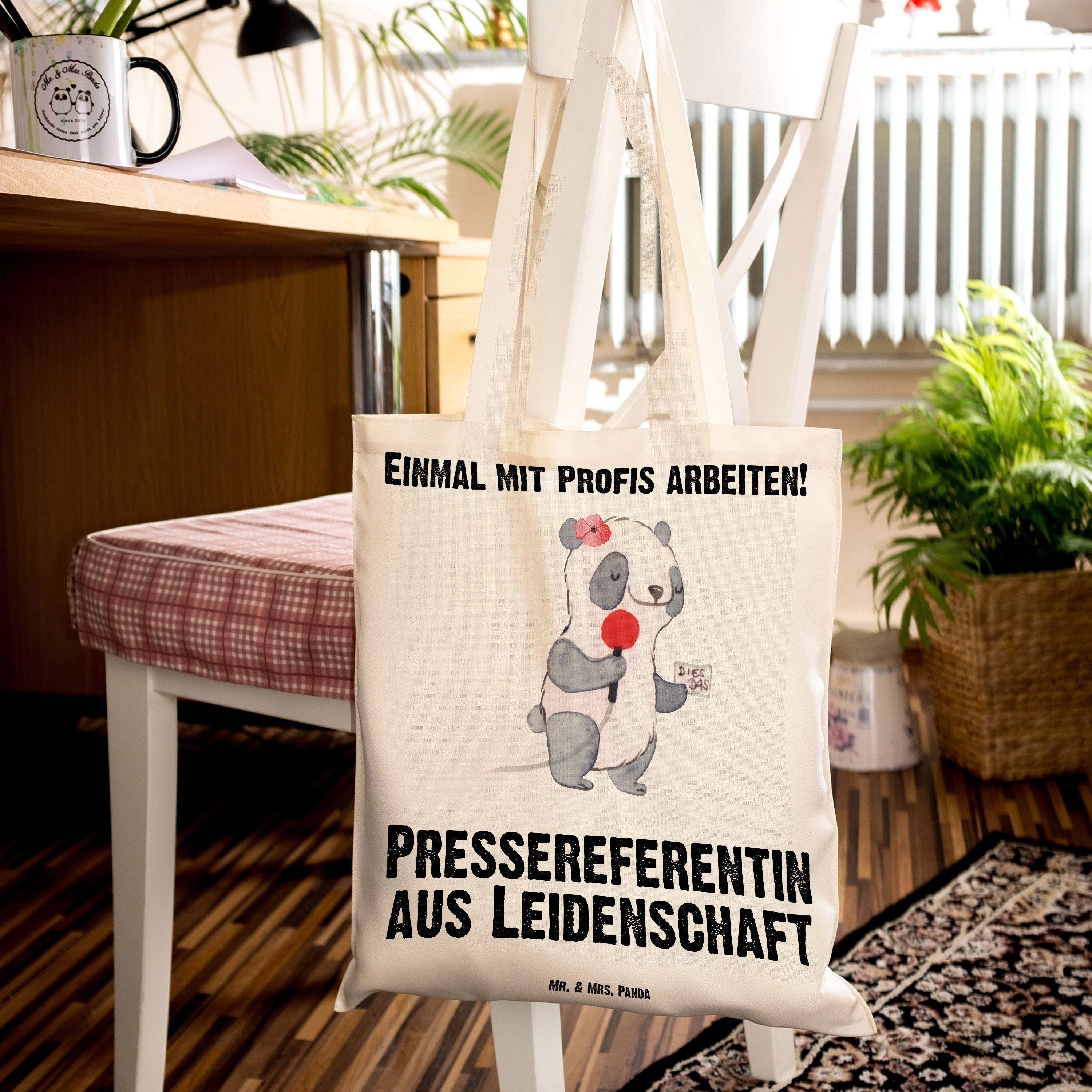 Mr. & Mrs. Panda Tragetasche aus - (1-tlg) Pressereferentin Kollege, - Geschenk, Transparent Leidenschaft