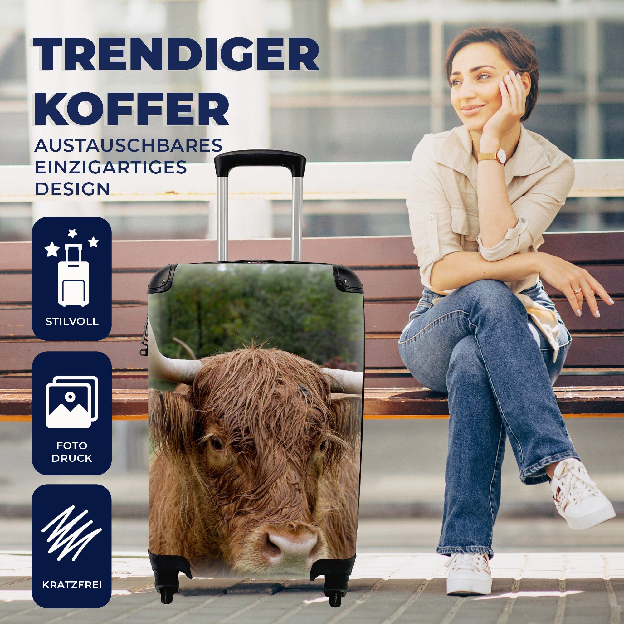 Schottische Trolley, - Ferien, für MuchoWow Highlander mit Reisetasche Handgepäck Tiere Rollen, Handgepäckkoffer Reisekoffer - 4 rollen, Gras,