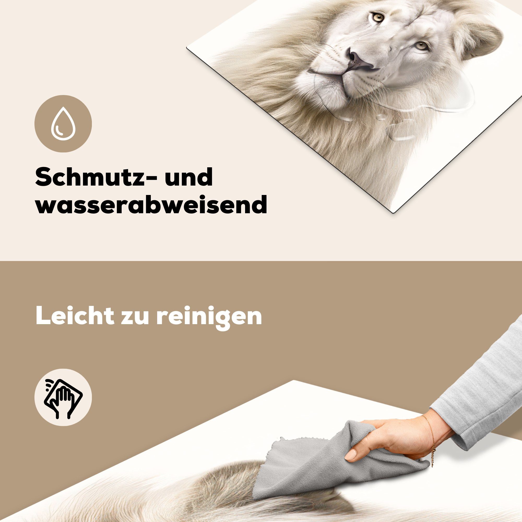 Weiß Porträt, cm, tlg), - Tiere Vinyl, - (1 Mobile Löwe Ceranfeldabdeckung - Arbeitsfläche Herdblende-/Abdeckplatte nutzbar, MuchoWow 60x52