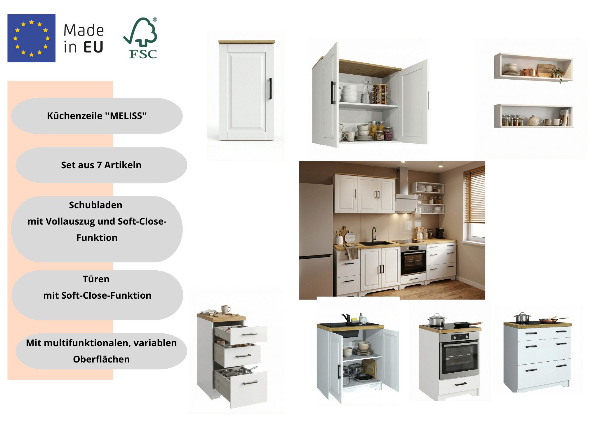 Home affaire Küchenzeile Meliss, aus massiver Kiefer, mit Soft-Close-Funktion, 8-teiliges Set