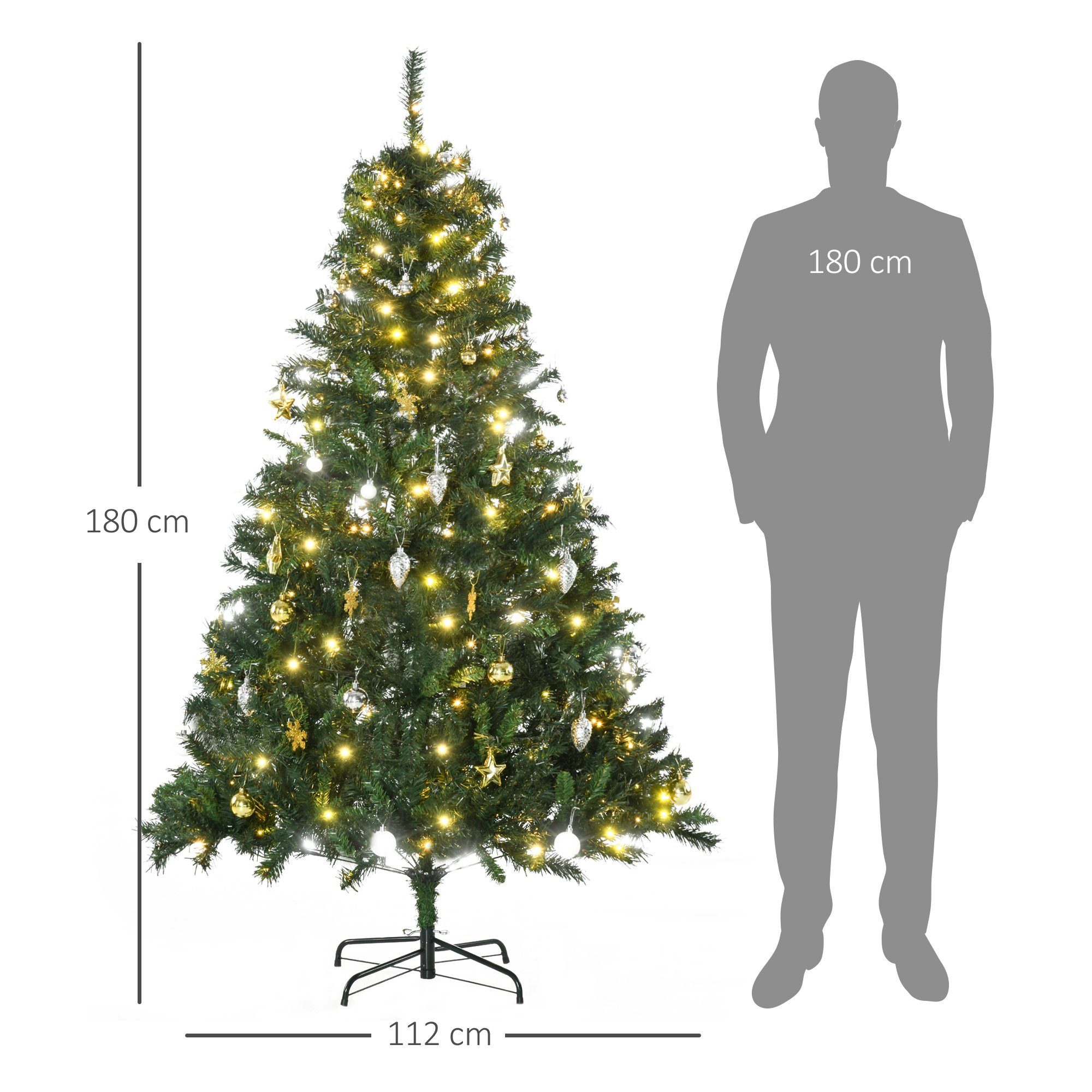 HOMCOM Künstlicher Weihnachtsbaum mit Deko 200 LEDs 745 Spitzen, Tannen, 112 x 180 cm (BxH), grün