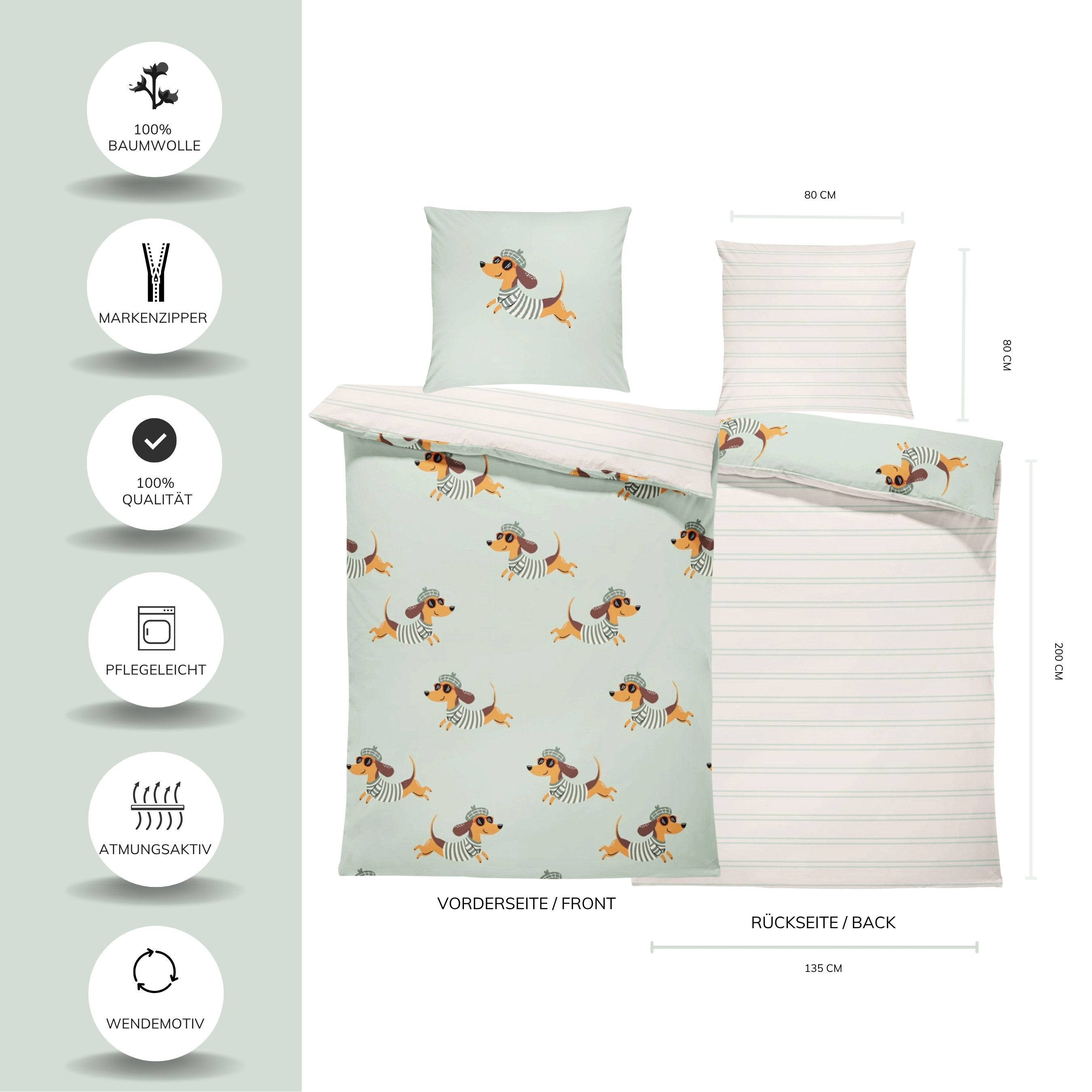 MTOnlinehandel Bettwäsche Dackel 135x200 + 80x80 cm, Baumwolle Renforcé, witziges Hundedesign, 100% Baumwolle, 2 teilig, Wende-Motiv in sanften Grüntönen – weich und pflegeleicht