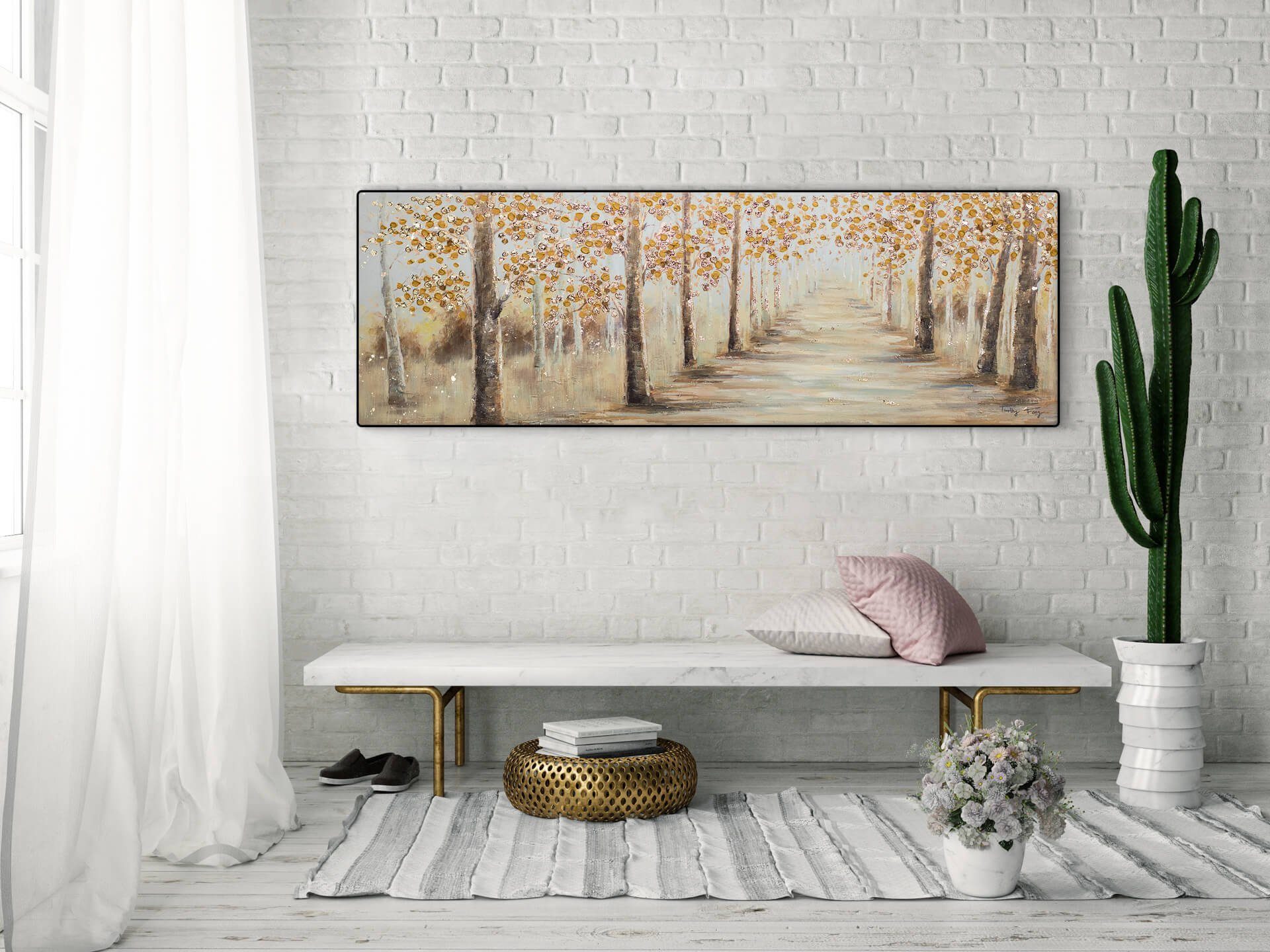 100% HANDGEMALT Wandbild Leinwandbild 150x50 KUNSTLOFT cm, Wohnzimmer Herbstallee Gemälde