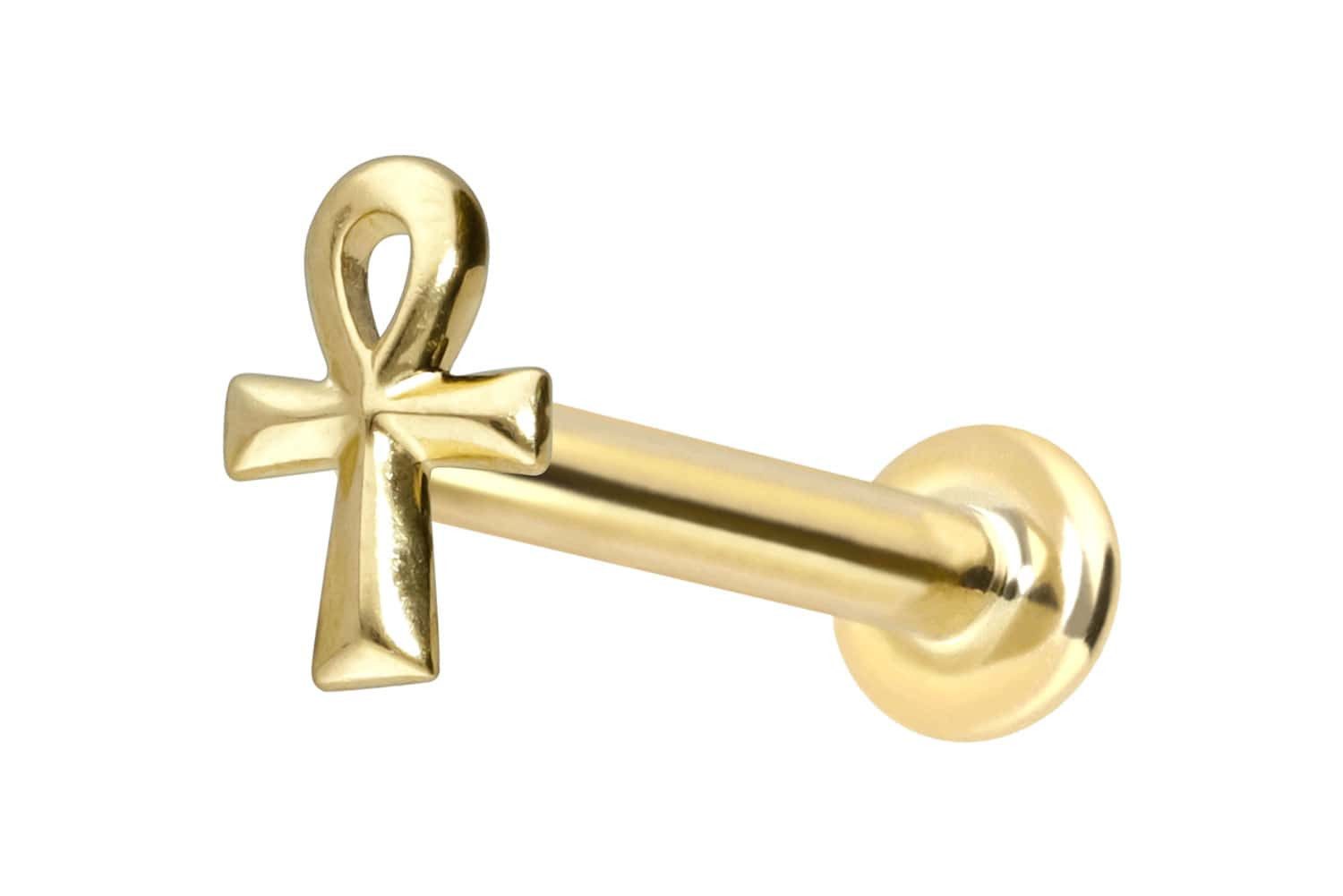 PIERCINGLINE Piercing-Set 14 Karat Gold Labret mit Push Fit ÄGYPTISCHES KREUZ (Labrets, 1-tlg)