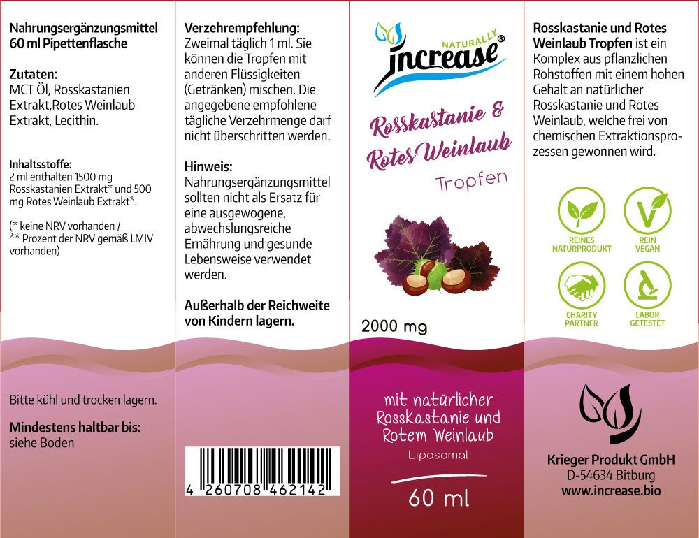increase NATURALLY Liposomale Rosskastanie & Rotes Weinlaub - 2000mg pro Tag Tropfen, 60 ml