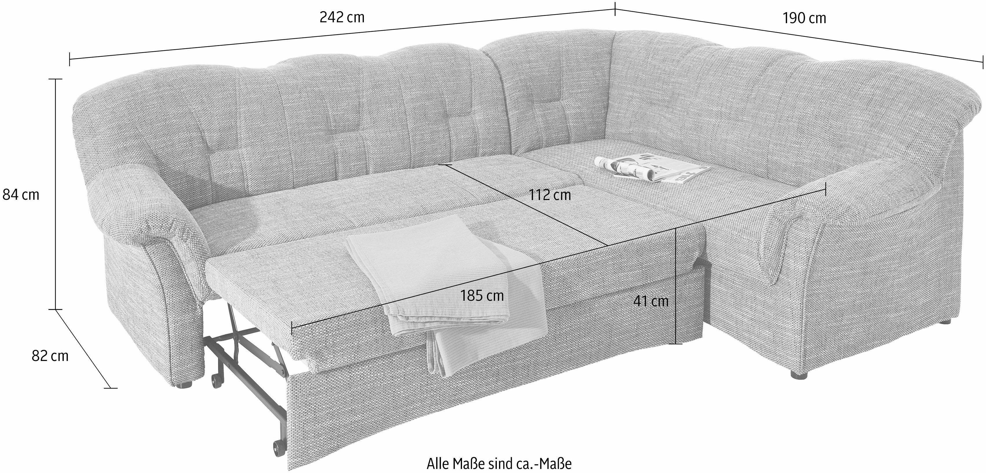 DOMO collection Ecksofa Papenburg B/T/H: 242/190/84 cm L-Form, wahlweise mit Bettfunktion, Langer Schenkel links oder rechts