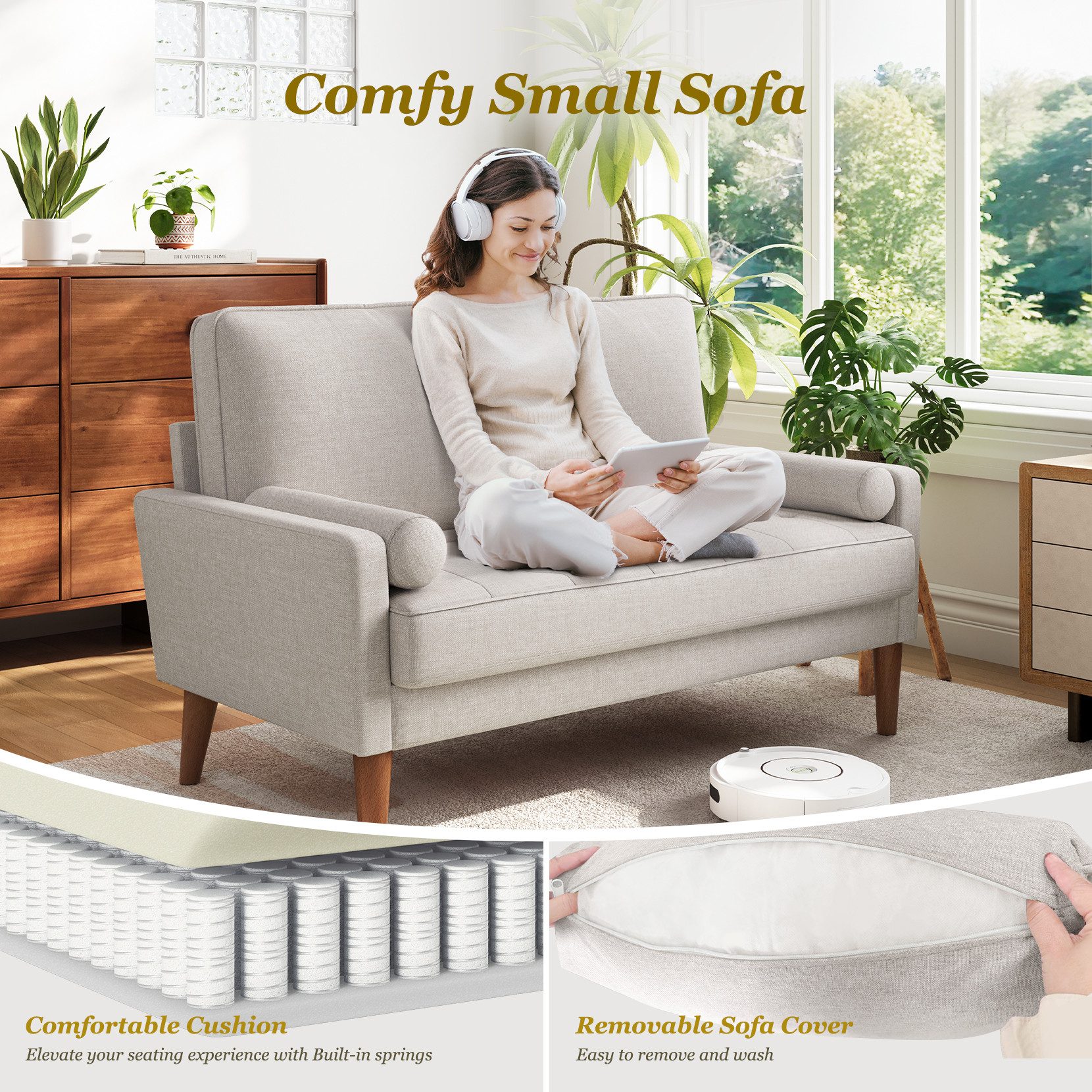 OUNUO Sofa 121cm Kleines Loveseat Sofa Couch aus Samt und Leinen mit 2 Zierkissen – Bild 3 von 5