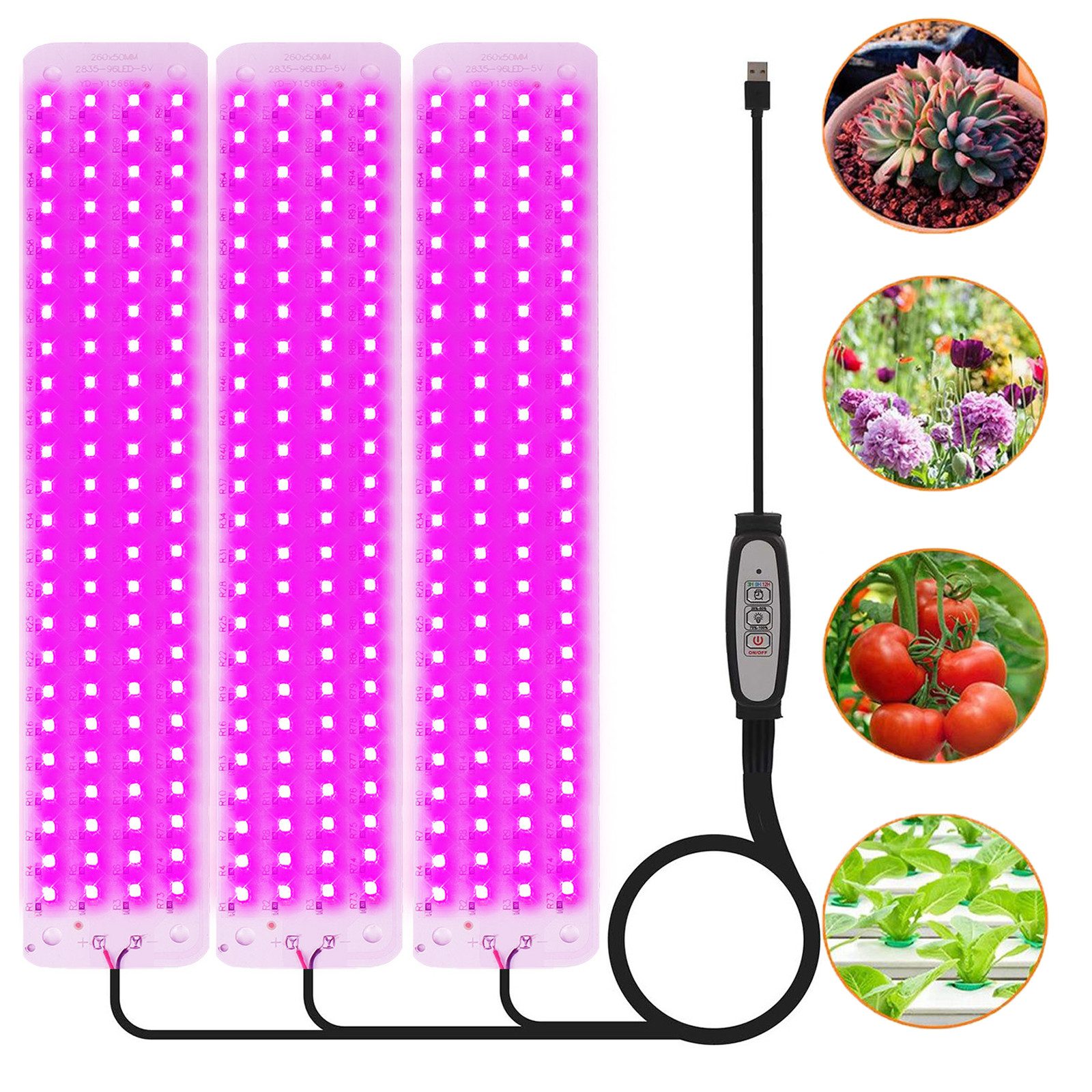 Jibenhome Pflanzenlampe 26 x 5 cm USB LED Pflanzenlampe 1/2/3/4 Panels Timer, Dimmbare, 96 LEDs, Pink-violett-3 Panels, 4.5 W/9 W/13.5 W/18 W