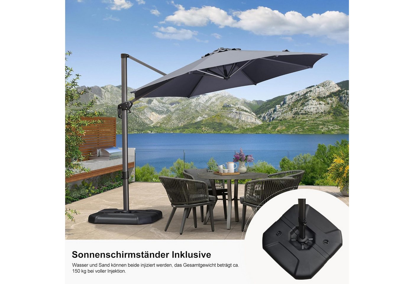 Thumbnail - PURPLE LEAF Ampelschirm Rund Alu Außenbereich Sonnenschirm mit Schirmständer, LxB: 330,00x330,00 cm, für Garten, Terrass...