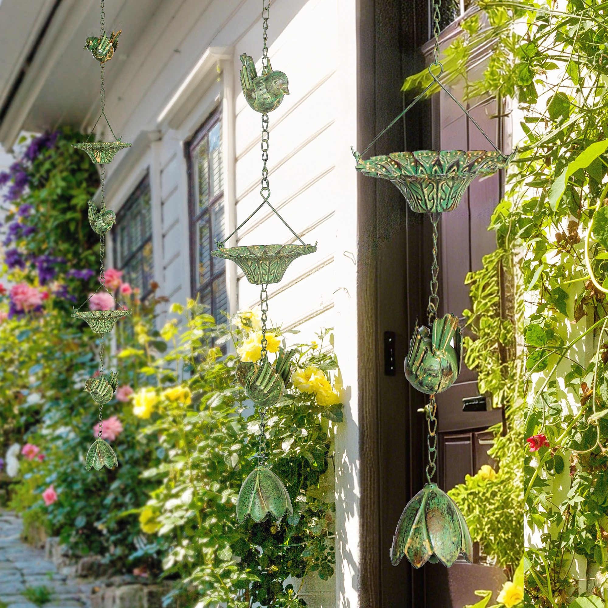 Outsunny Dekoobjekt 123cm lang (Regenketten, 3 St., Regenfänger), mit Vögeln, Blumenbechern, aus Metall, für Dachrinnen, Grün