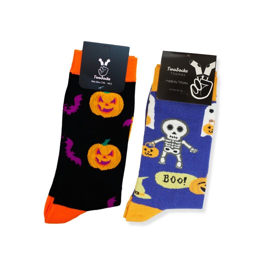 TwoSocks Freizeitsocken Halloween Socken Skelett und Kürbis für Damen & Herren Einheitsgröße (2 Paar)