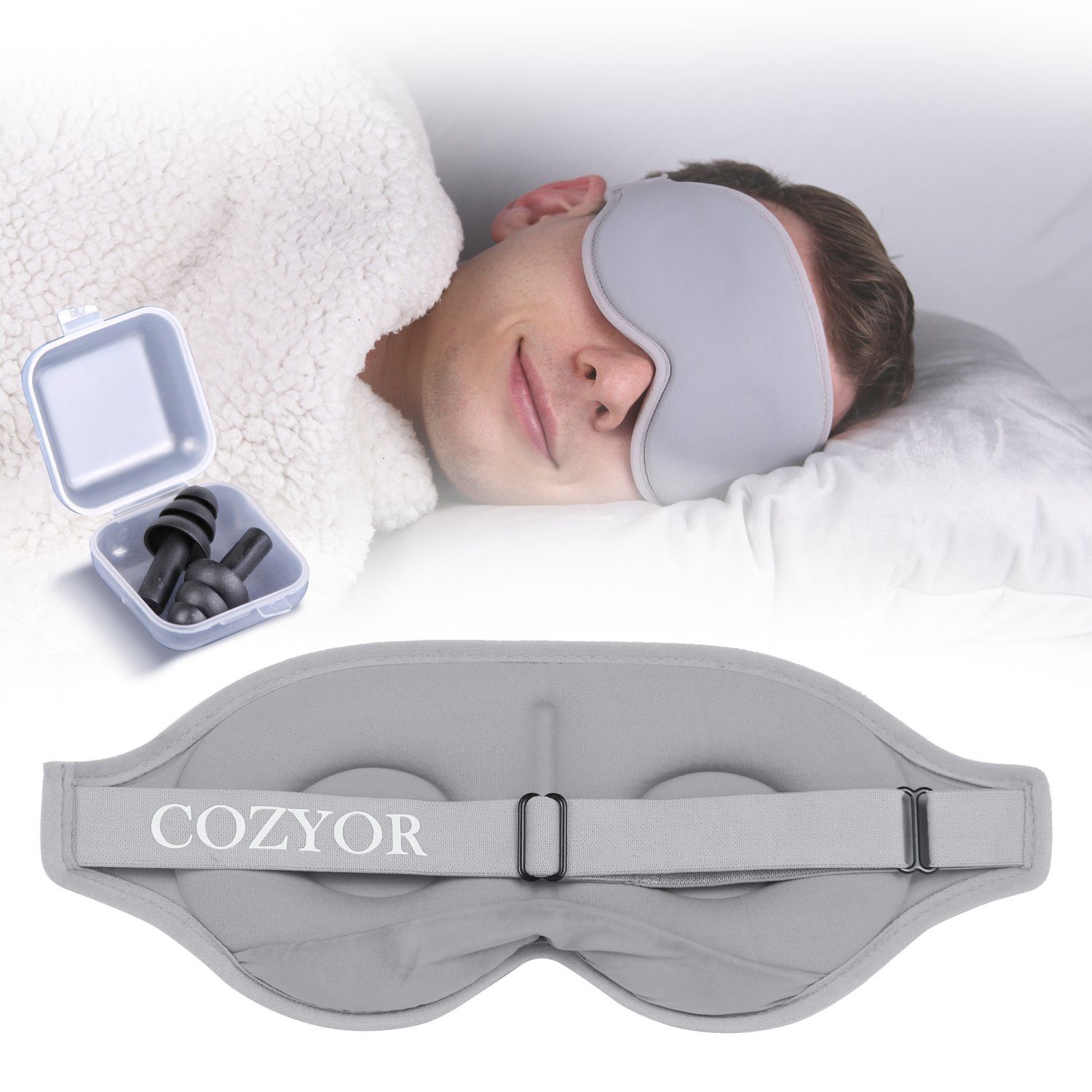 Cozyor Schlafmaske 100% Blackout-Effekt 3D Augenmaske mit ergonomischem Design, Reiseset klein & kompakt hellgrau Moonlight, 2-tlg., Schlafmaske mit wiederverwendbaren Ohrstöpseln, extra Polsterung und variable Passform