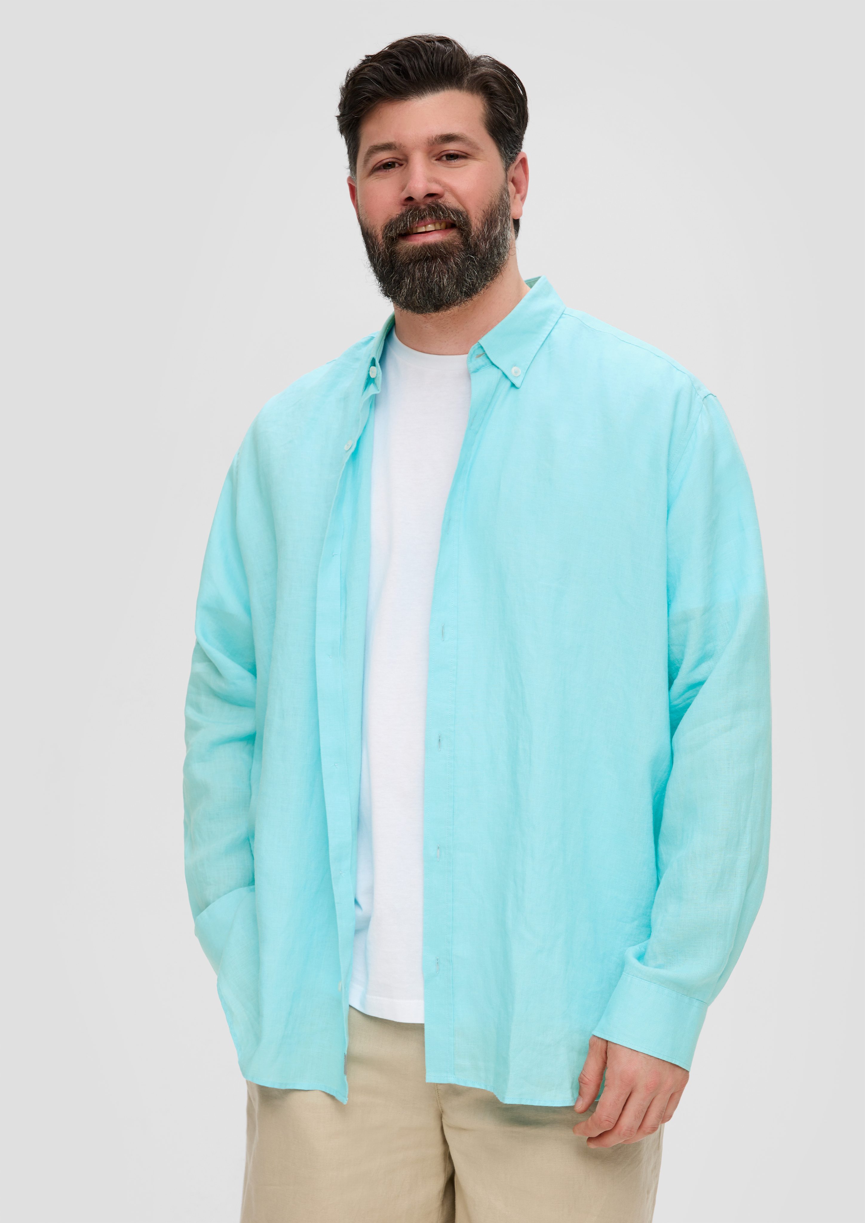 Langarmhemd Leinenhemd mit Button-Down-Kragen