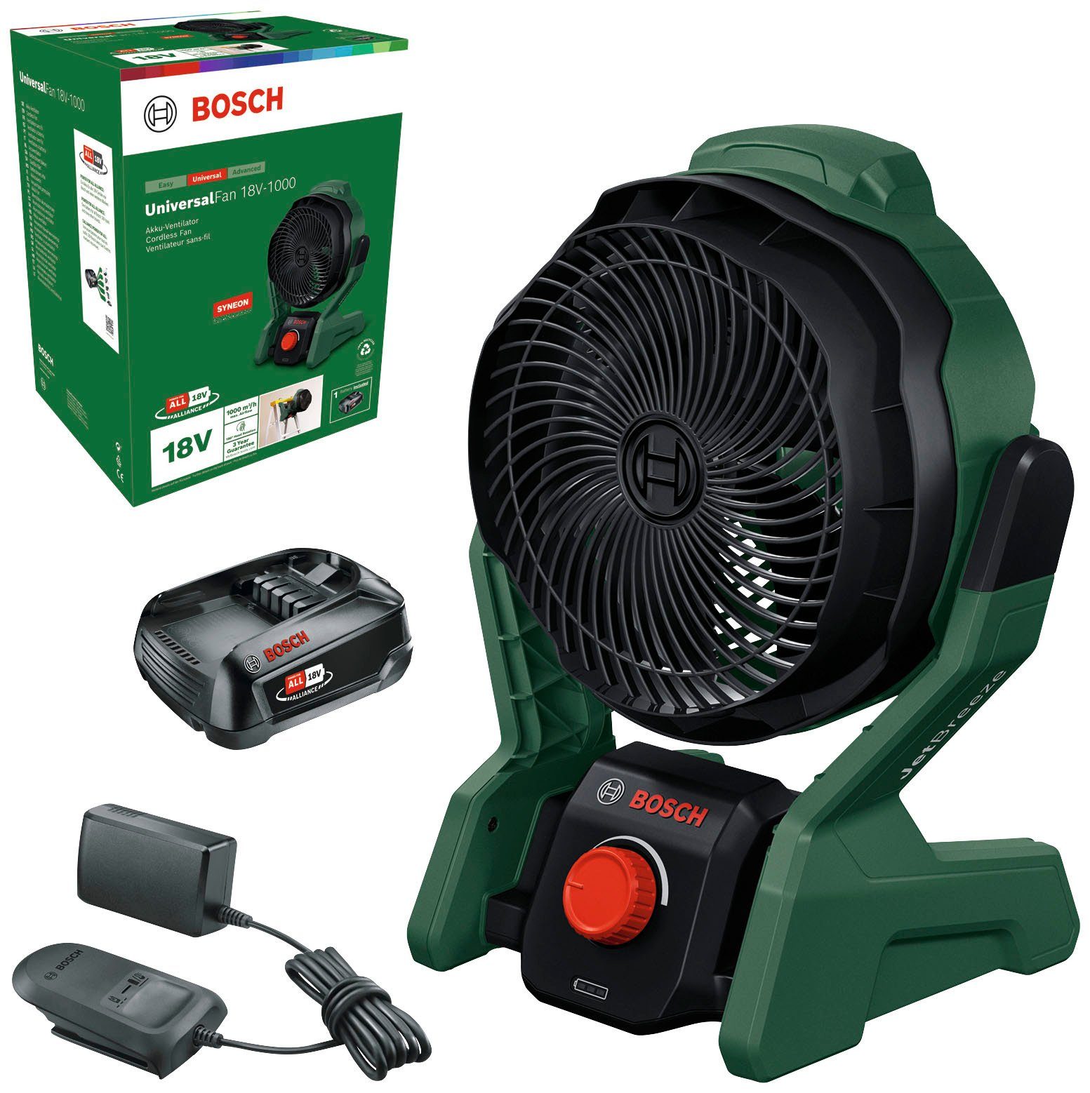 inkl. Bosch Akku & 18V-1000, Garden UniversalFan Home Ladegerät Standventilator und
