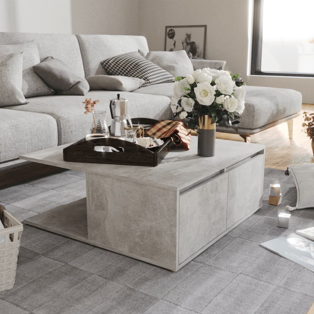 furnicato Couchtisch Schlichter 80x80x31 cm in Betongrau (1-St), Beistelltisch mit integrierten Staufächern und Schubladen für Wohnraum