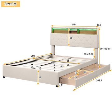 Ulife Polsterbett Doppelbett Stauraum-Kopfteil LED-Beleuchtung Funktionsbett, USB Steckdose, mit zwei Schubladen, Verstellbares Kopfteil, 140x200cm