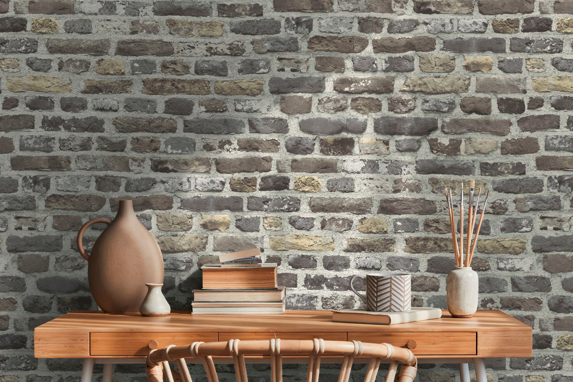A.S. Création Vliestapete Bricks & Stones Backstein Steinoptik, leicht strukturiert, matt, gemustert, neutral, (1 St), Steintapete Backstein Tapete Tapeten Wohnzimmer Schlafzimmer Küche