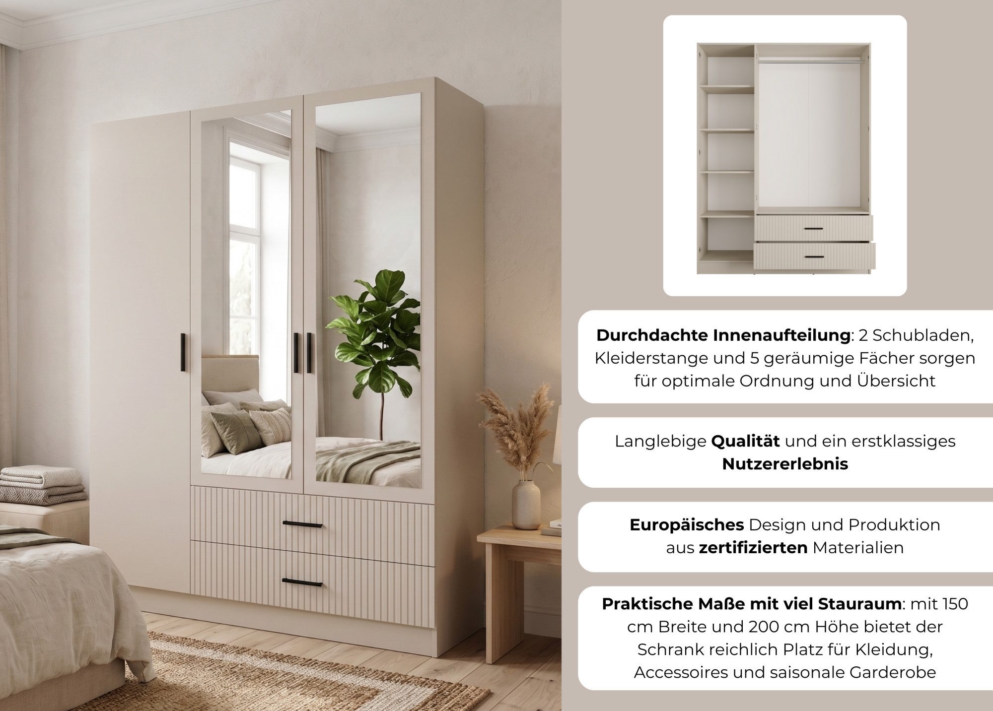 OTTO home Kleiderschrank TERRIK, modern mit viel Stauraum & geriffelter Struktur, Spiegel (B/H/T ca. 150/200/60 cm) Garderobe mit 6 Fächern, Kleiderstange, 2 Schubladen, Made in EU